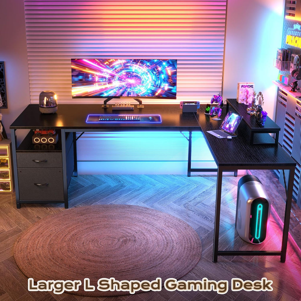 PRAISUN 55 Inch L Shaped Desk with Power Outlets and USB-C Port, Computer Corner Home Office Desk with File Fabric Drawers and Movable Monitor Stand, Larger Storage for Gaming, Work, Black