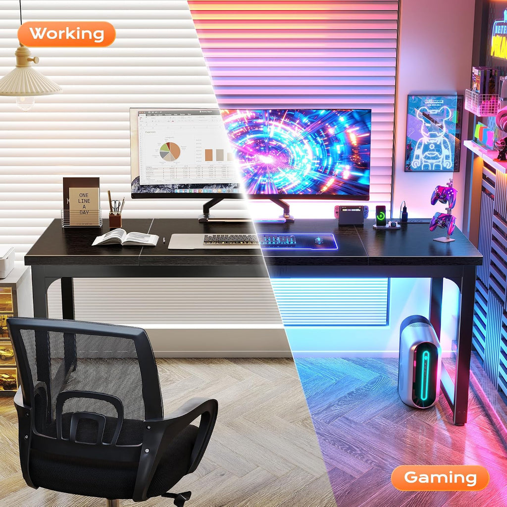 Huuger 63 x 24 inch Desk with Power Outlets & USB-C, Deeper & Thicker Desktop, Robust Metal Tubes, Computer Desk, Heavy Duty Office Desk, Work Gaming Desk, for Home Office, Black