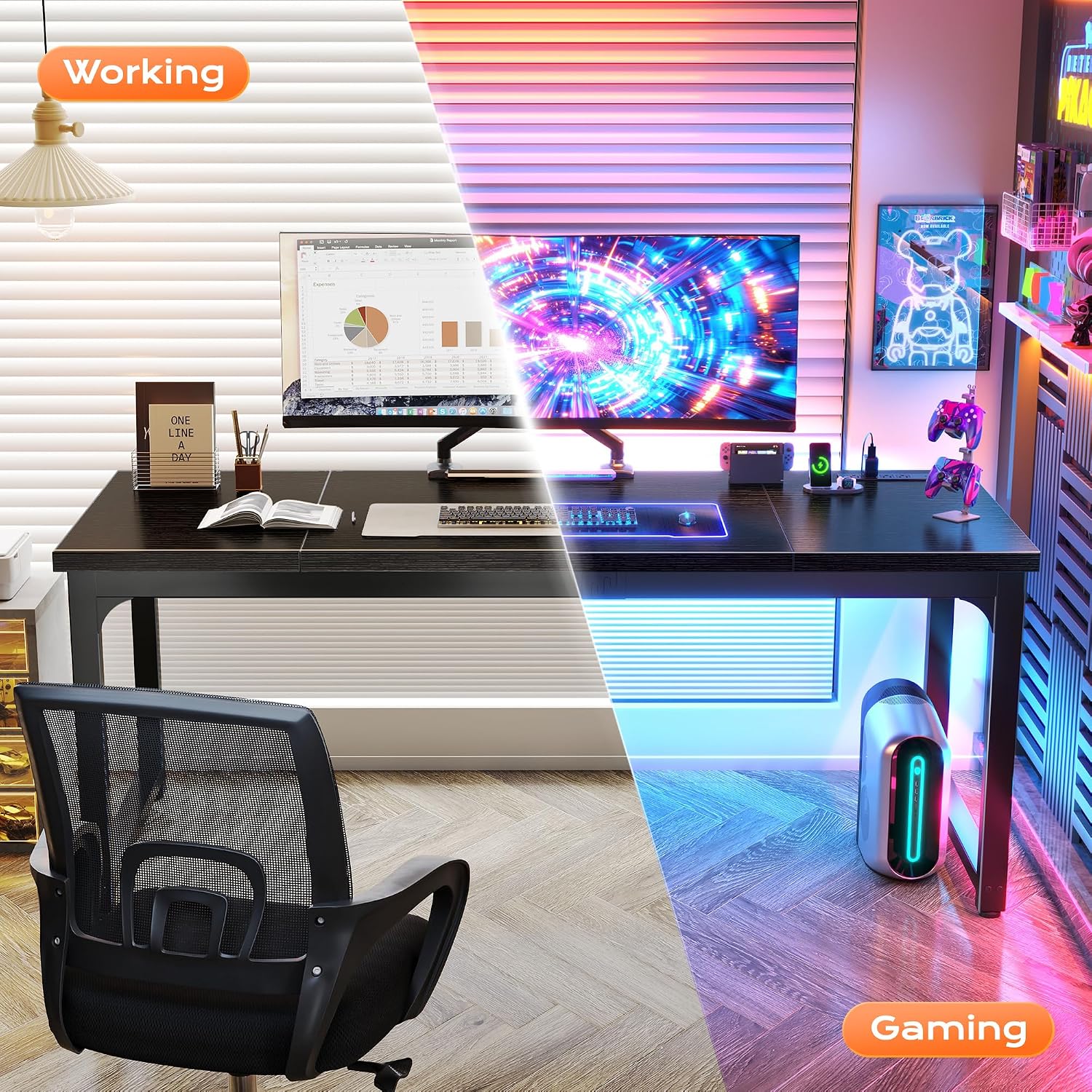 Huuger 63 x 24 inch Desk with Power Outlets & USB-C, Deeper & Thicker Desktop, Robust Metal Tubes, Computer Desk, Heavy Duty Office Desk, Work Gaming Desk, for Home Office, Black