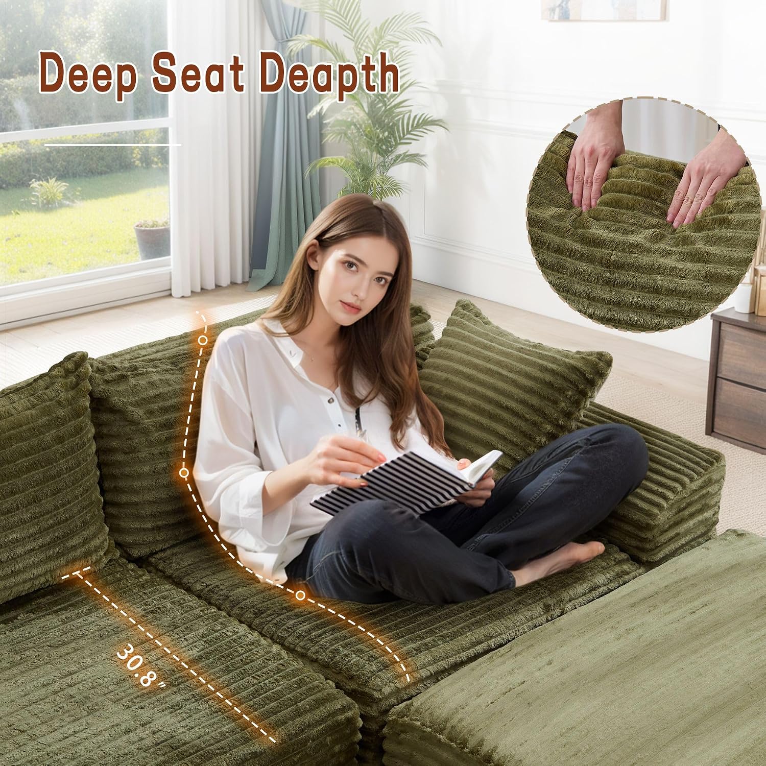 Korser 110' L-Shaped Modular Sectional Sofa with Chaise, Boneless Comfy Corduroy Fluffy Couch with Deep Seat and Side Pockets, Flexible Module Combination for Living Room, No Assembly, Side Pockets