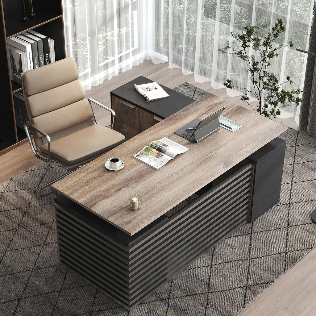 SAINTCY 70.87In L Shaped Executive Standing Desk with Drawers, Large Modern Adjustable Heigh Home Office Desk w/File Cabinet, AC/USB, Business Workstation, Black and Warm Oak