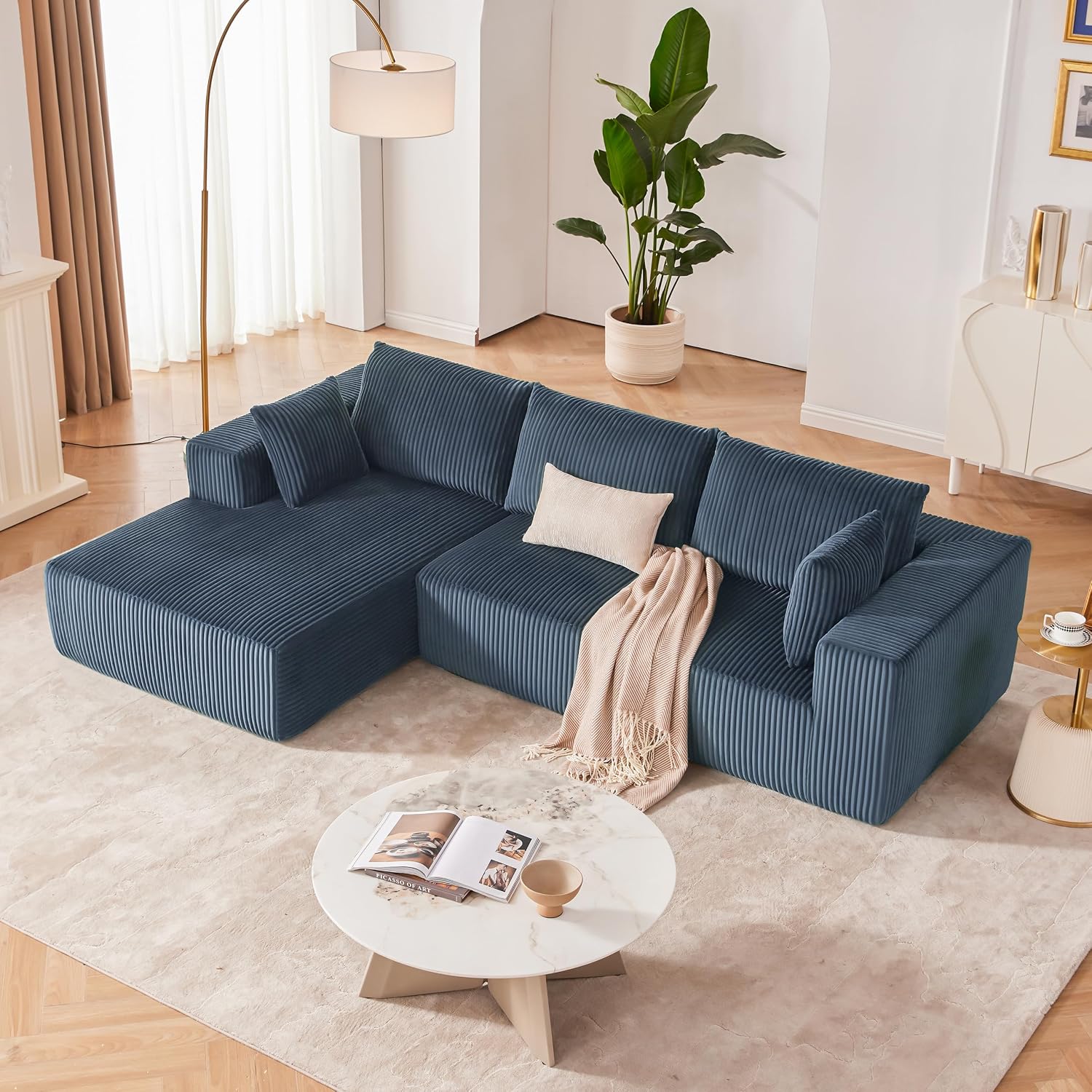 108' Modular Sectional Sofa, Cloud Sectional Couch with Deep Seat, Boneless Couches for Living Room Bedroom, Modern Modular L-Shape Sofa Couch with Chaise (Blue, Left Facing Chaise)