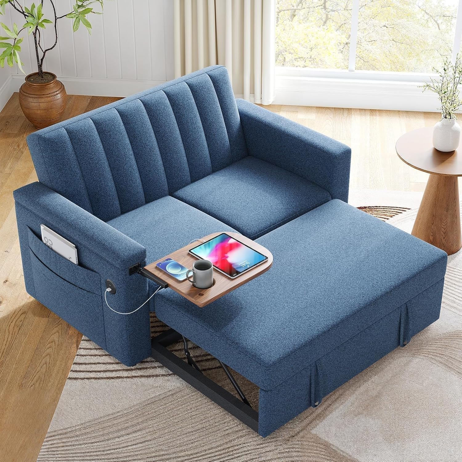 Marsail 3-in-1 Convertible Sofa Bed, 54' Sleeper Sofa with Solid Wood Side Table & Frame, Pull-Out Couch with USB Ports & Side Pockets, Loveseat Sofa with Adjustable Backrest, Blue