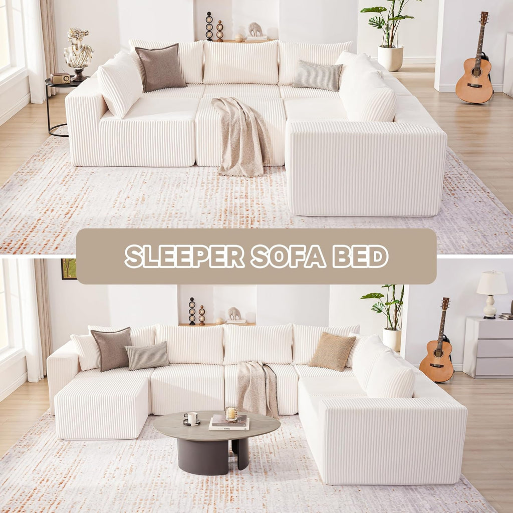 Boneless Couch, Cloud Couch Sectional, Modular Sofa with Deep Seat, Convertible Sectional Couches for Living Room, Plush Corduroy U Shaped Boneless Couch (Beige, 6 Seater & 1 Ottoman)