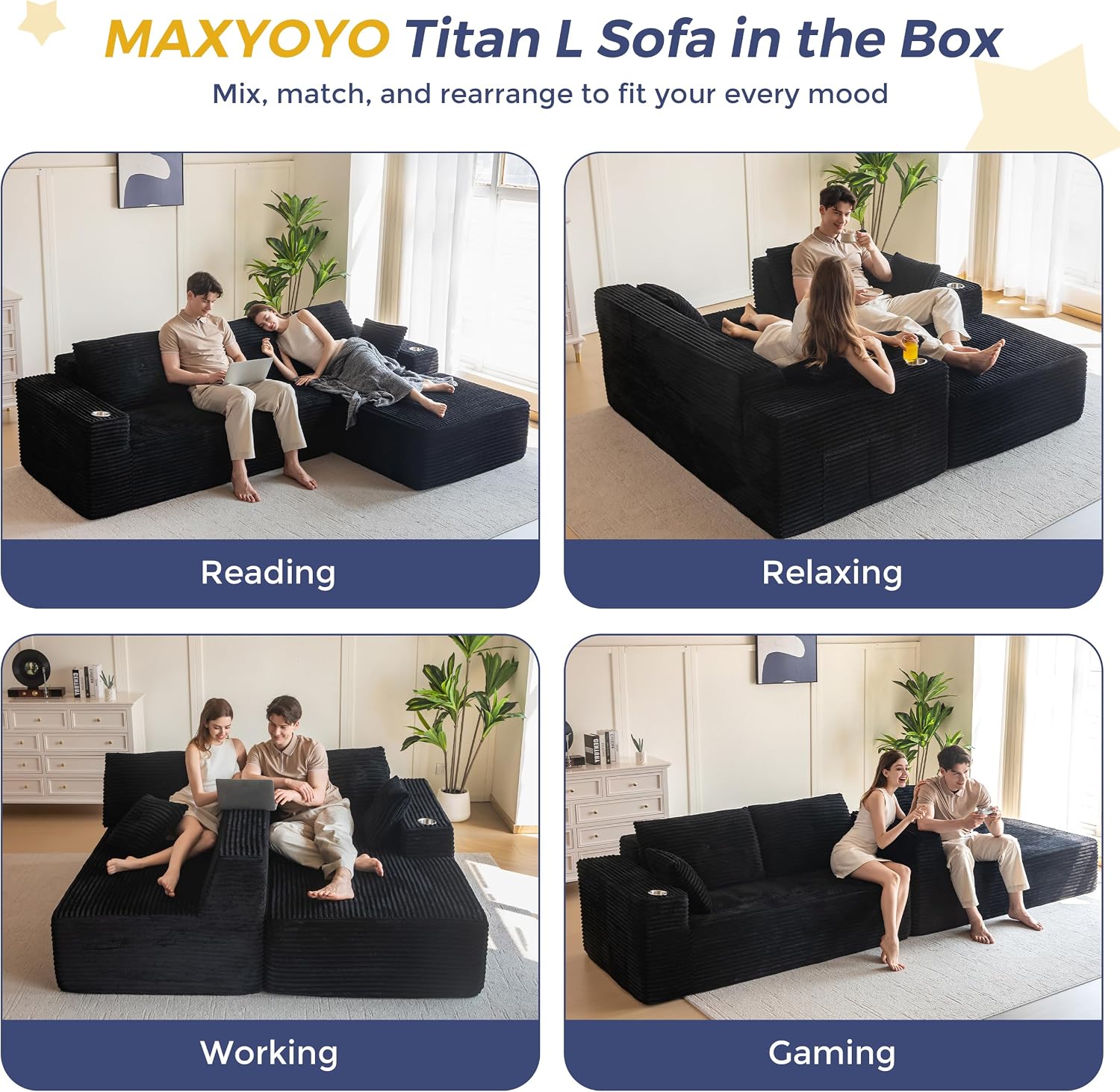 MAXYOYO 104' Modular Sectional Couch with L-Shape Chaise, Modern Boneless Couch for Living Room, Sofa in A Box, Oversized Sofa Sleeper with Deep Seat, No Assembly Required, Black