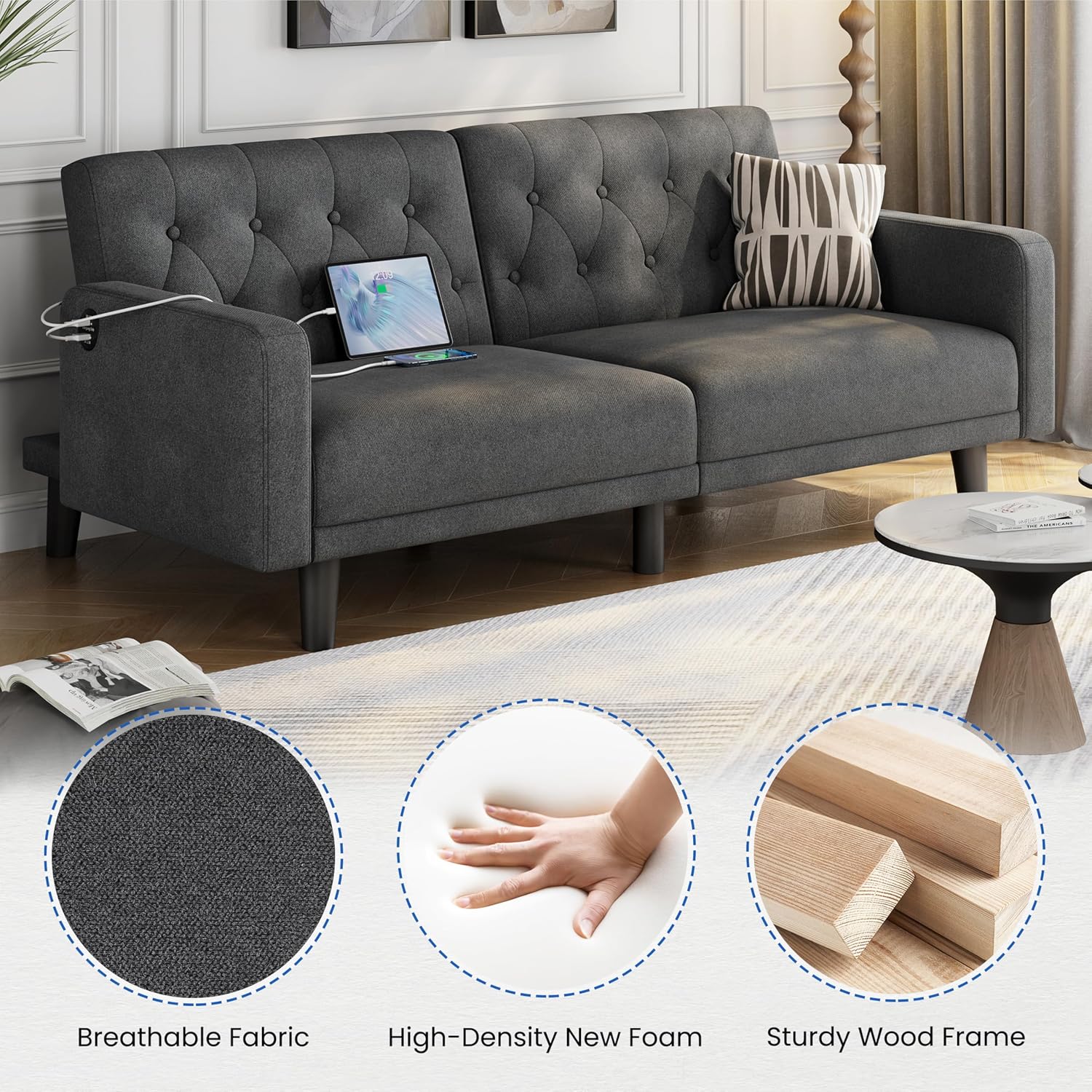 Yaheetech 63' Convertible Couch Small Futon Sofa Bed with 2 USB Ports, Reclining Backrest & Removable Armrests, Mid Century Modern Loveseat for Living Room, Apartment, Office, Dark Gray