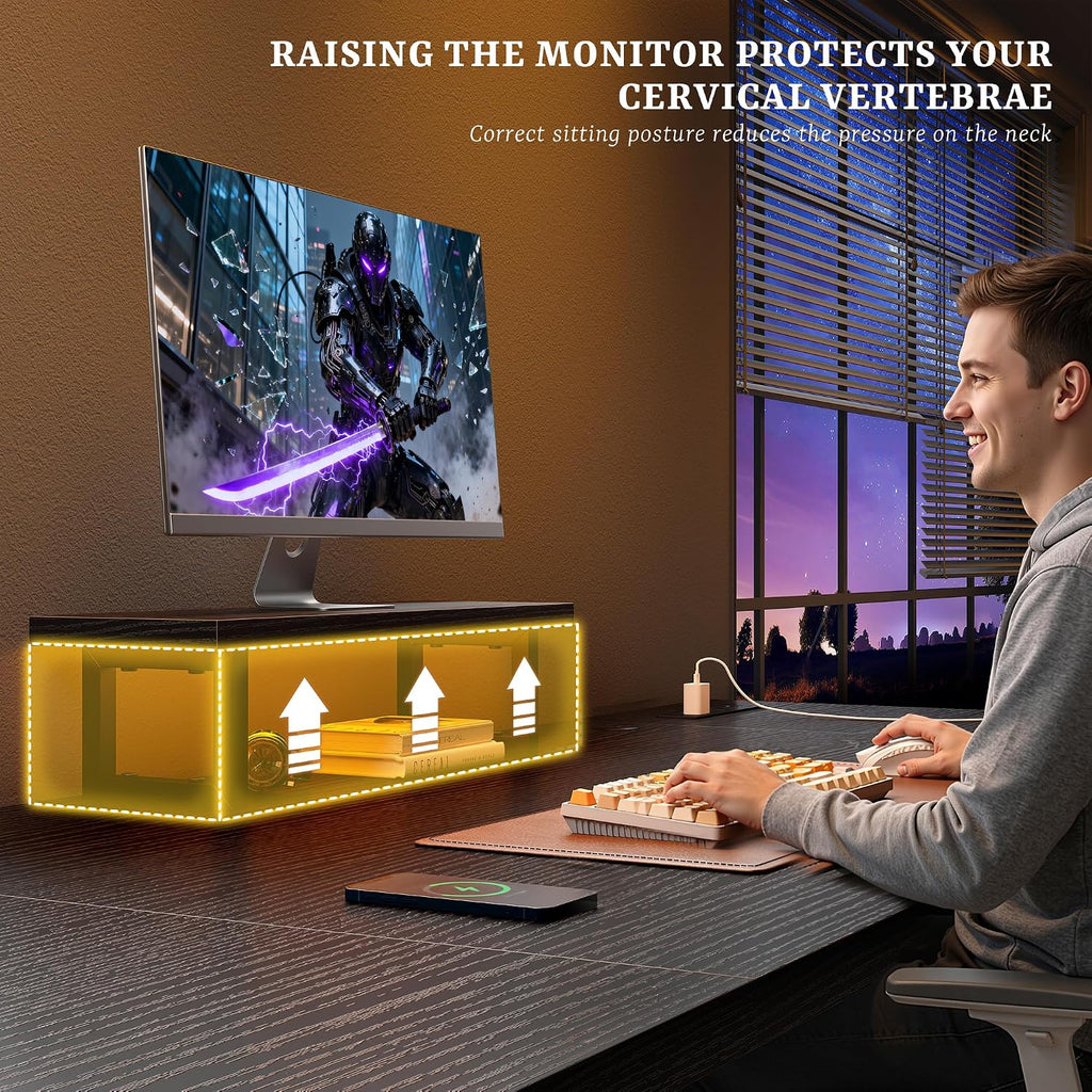 DurayLoly 63 Inch Gaming Desk with 0.95 Inch Thicker Desktop, Computer Desk with Power Outlets & Monitor Stand & LED Light & Storage Bag, Office Writing Desk for Home Office, Study, Bedroom, Black
