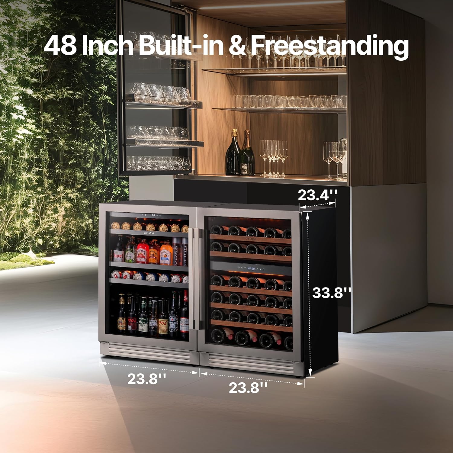Ca'Lefort Wine and Beverage Refrigerator, 48 Inch Bundle Wine Fridge with 200 Cans and 46 Bottles, 34-65°F Built-in or Freestanding Beverage Fridge with Glass Door, Drink Cooler for Kitchen Bar Office