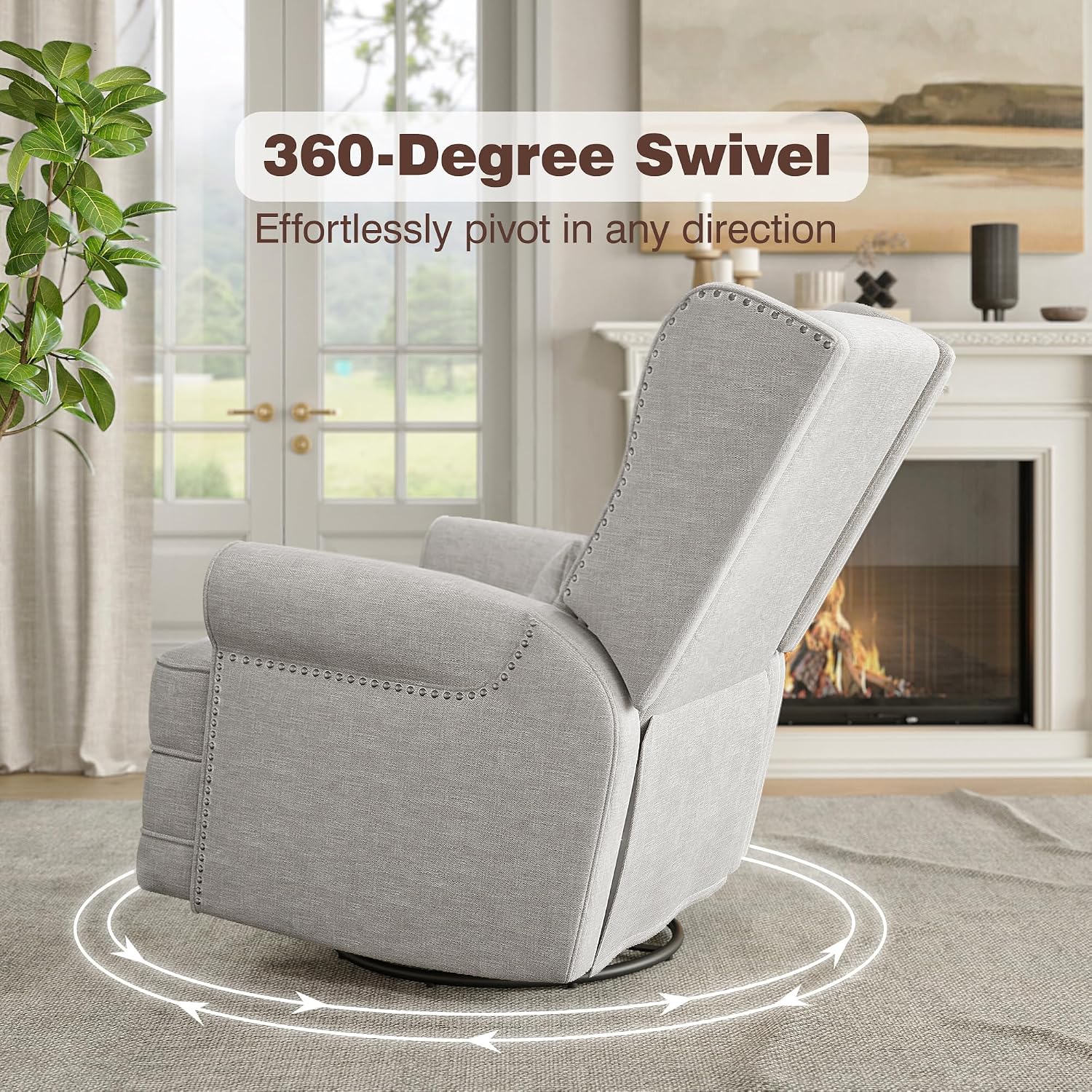 FansaFurn Swivel Nursery Glider Recliner, Comfy Upholstered Glider Chair with Lumbar Pillow and Footrest, Swivel Rocking Chair for Living Room, Grey