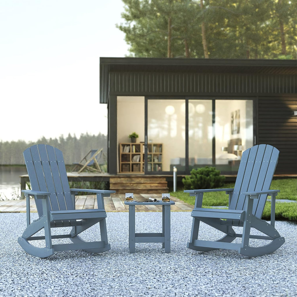 Flash Furniture Set of 2 Savannah Adirondack Rocking Chairs - Commercial Grade All-Weather Sea Foam Poly Resin Wood - Matching Side Table