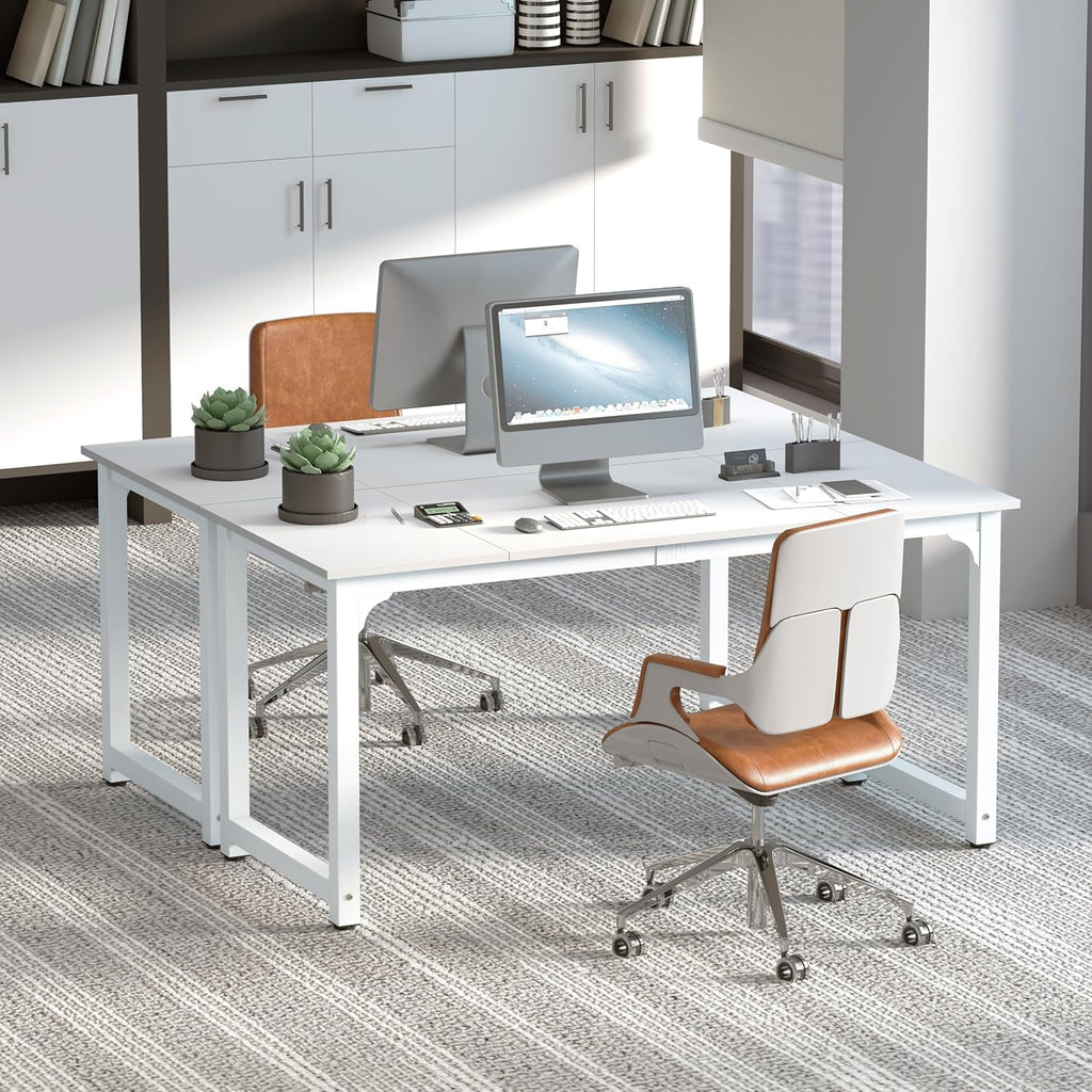 NSdirect Large Office Desk for Home Office, Large 63' Computer Desk Table, Wide Writing Study Desk for 2 Person, Metal Sturdy Frame Thicker Steel Legs,Warm White