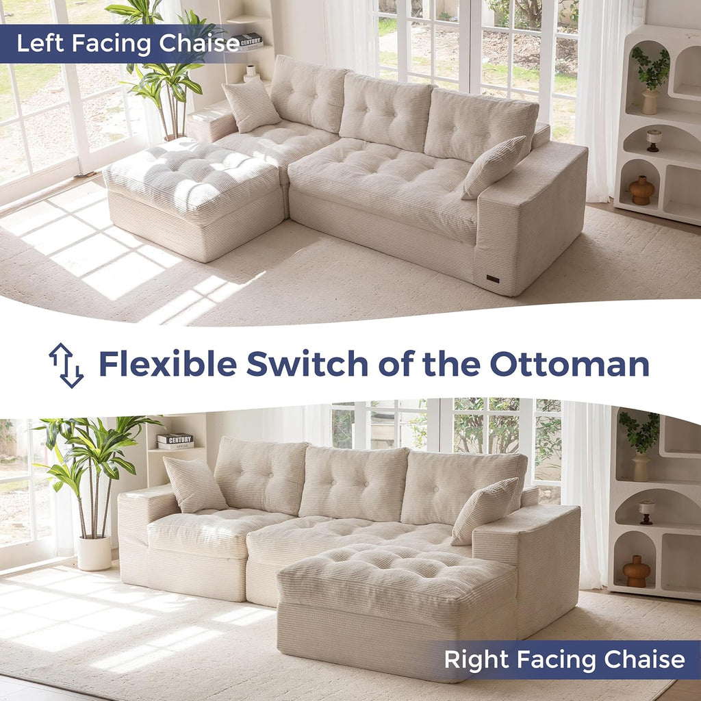 MAXYOYO 104' L Shaped Modular Sectional Sofa with Ottoman, Cloud Boneless Couch with Layered Cushion, Upholstered Sofa Flexible Module Combination for Living Room, No Assembly, Beige