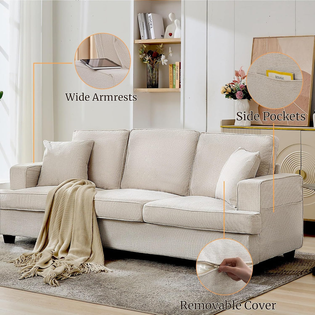 Couches for Living Room, Couch Sofa with Cloud Comfy Deep-Seat, 3 Seater Modern Chenile Sofas for Living Room Bedroom Office Apartment, Beige