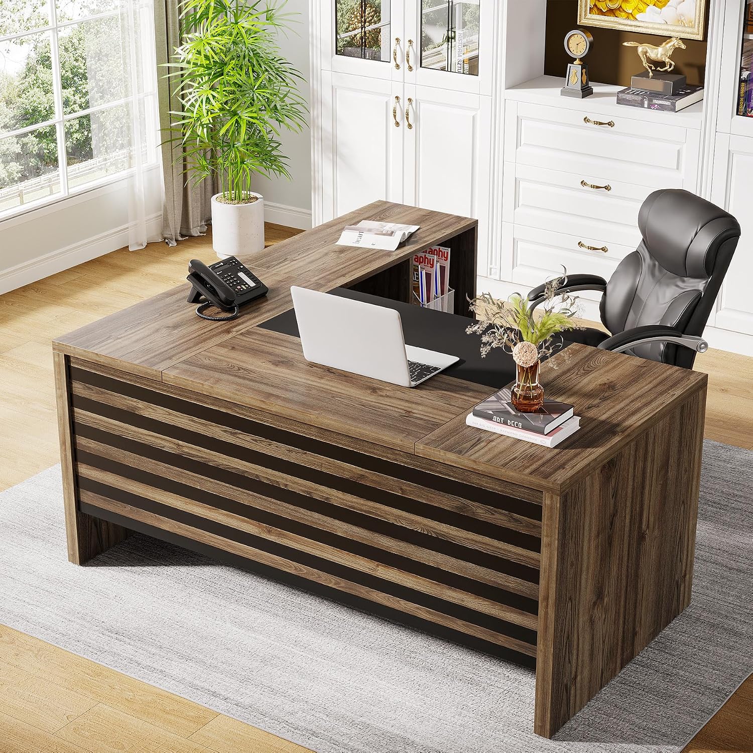 Tribesigns 62.2' Executive Desk with Mobile File Cabinet, L-Shaped Office Desk with Storage Shelves, Large Computer Desk Business Workstation Set for Home Office, Light Brown
