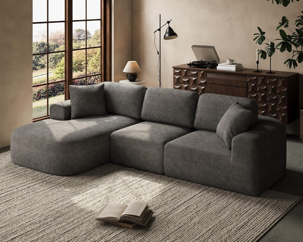 Dowinx 107'' Modular Sectional Sofa Couch with Chaise, No Assembly Required, Modern Bouclé-Inspired Upholstery, Convertible L-Shaped Design for Living Room – Charcoal Grey