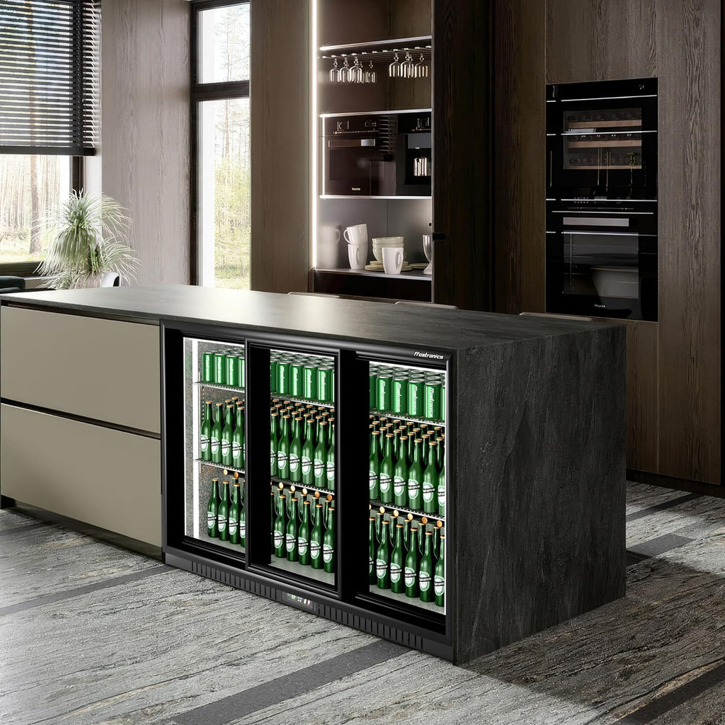 54 in. 335 cans Triple Sliding Door Back Bar Beverage Cooler, 10.8 cu. ft. Under Counter Glass Door Bar Fridge, lockable, 32-50°F Display Refrigerator, ETL & NSF7 Certified