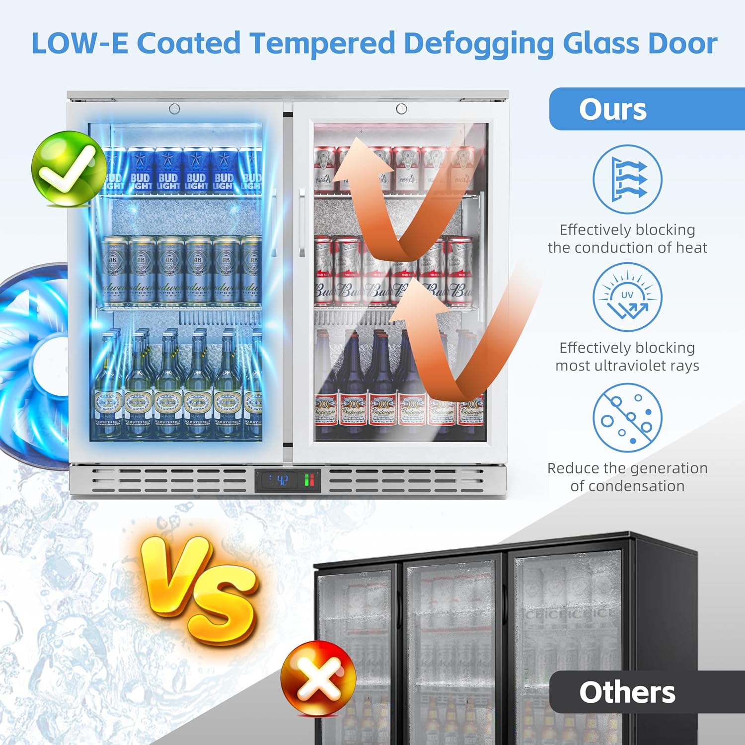 36 inch 7.4 cu.ft Back Bar Cooler Commercial Under Counter Beverage Refrigerator with 2 Glass Doors & LED Lighting, Stainless Steel Bottle Cooler for Home Bar Restaurant, Sliver, 115V, ETL Approved
