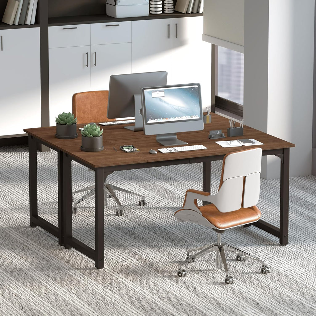NSdirect Large Office Desk for Home Office, Large 63' Computer Desk Table, Wide Writing Study Desk for 2 Person, Metal Sturdy Frame Thicker Steel Legs, Black Chocolate