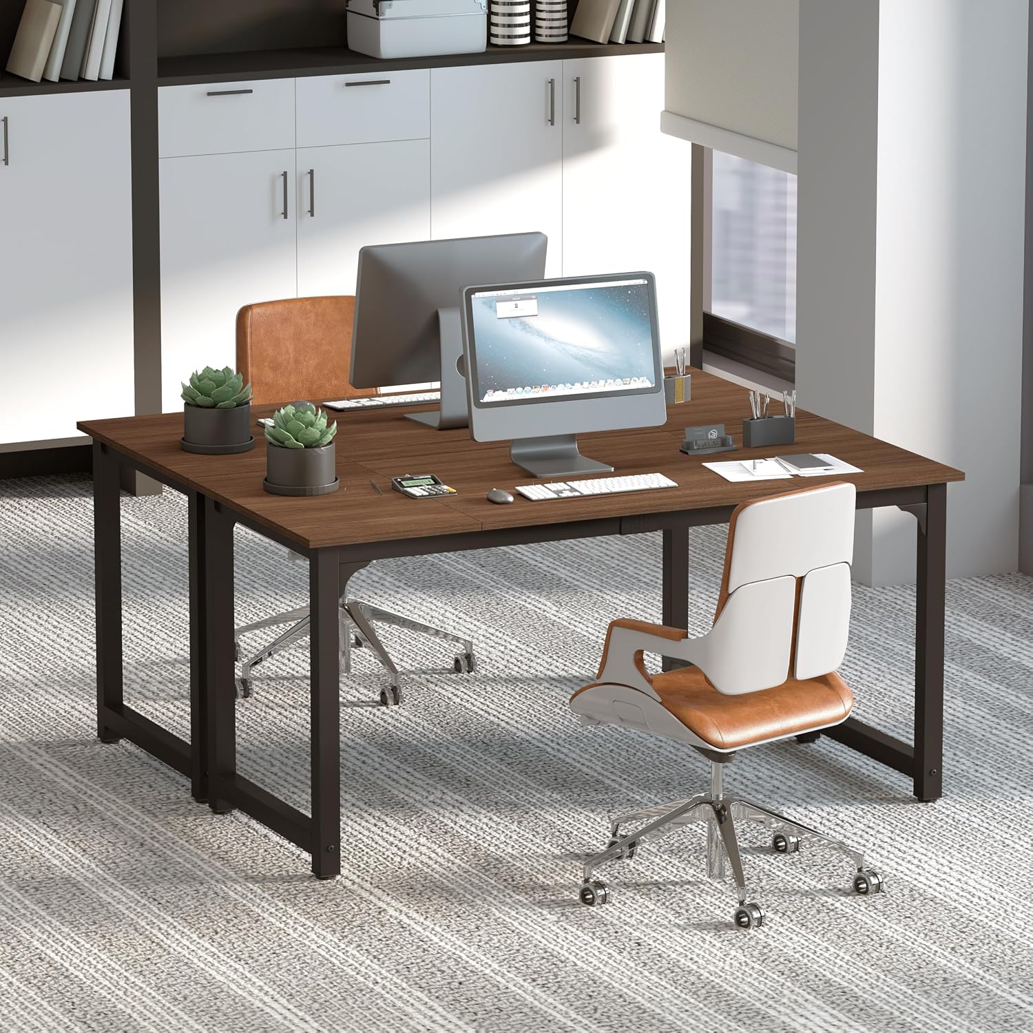 NSdirect Large Office Desk for Home Office, Large 63' Computer Desk Table, Wide Writing Study Desk for 2 Person, Metal Sturdy Frame Thicker Steel Legs, Black Chocolate