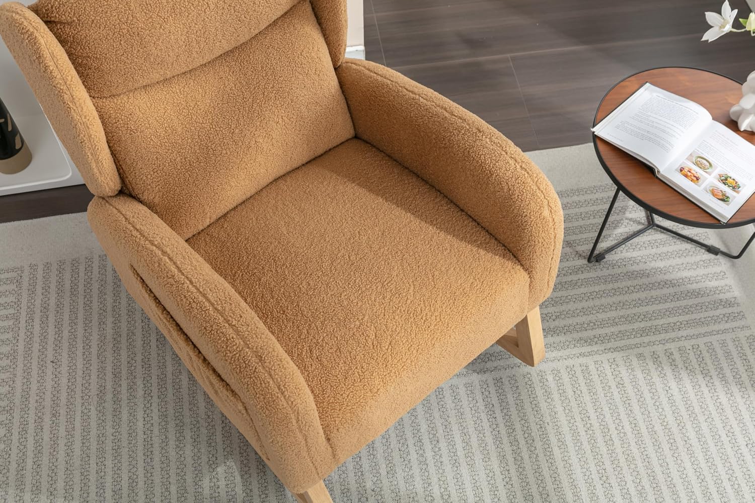 Nursery Glider Chair - Wingback Teddy Upholstered Rocking Chair with High Backrest, Ergonomic Rocker Chair for Breastfeeding & Baby Room, Modern Accent Armchair for Living Room & Bedroom, Khaki