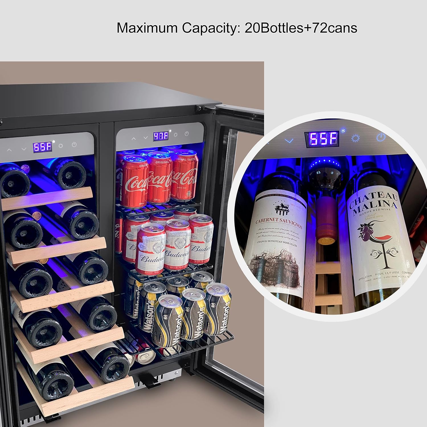 Cobalance 24 Inch Dual Zone Wine and Beer Refrigerator-72 Cans and 20 Bottles Cooler, & Single Bottle Wine Chiller,Built-in or Freestanding Fridge for Beer, Soda, Drinks, Home, Bar