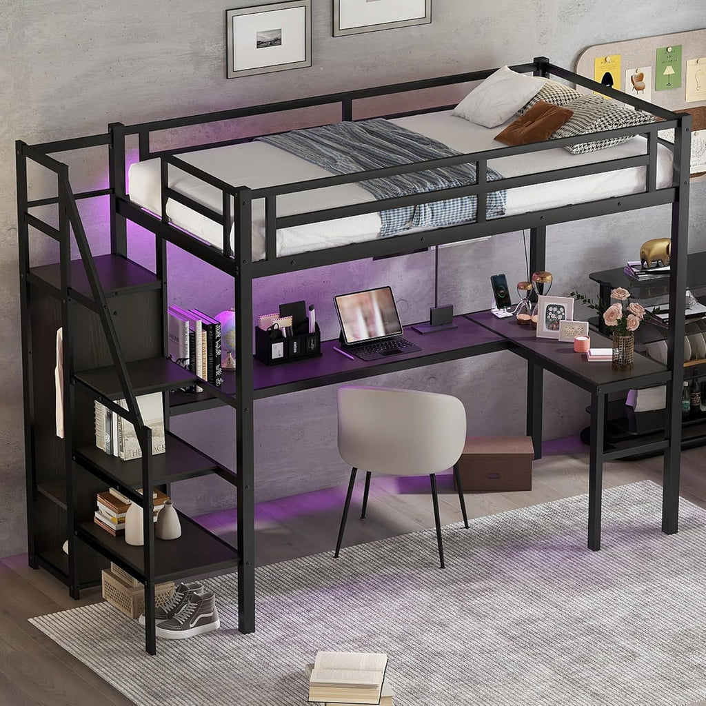 Metal Twin XL Size Loft Bed with Desk and Wardrobe,Heavy Duty Loft Bed Frame with Storage Stairs,LED Lights and Charging Station for Kids,Teens,Adults,Space Saving,Black