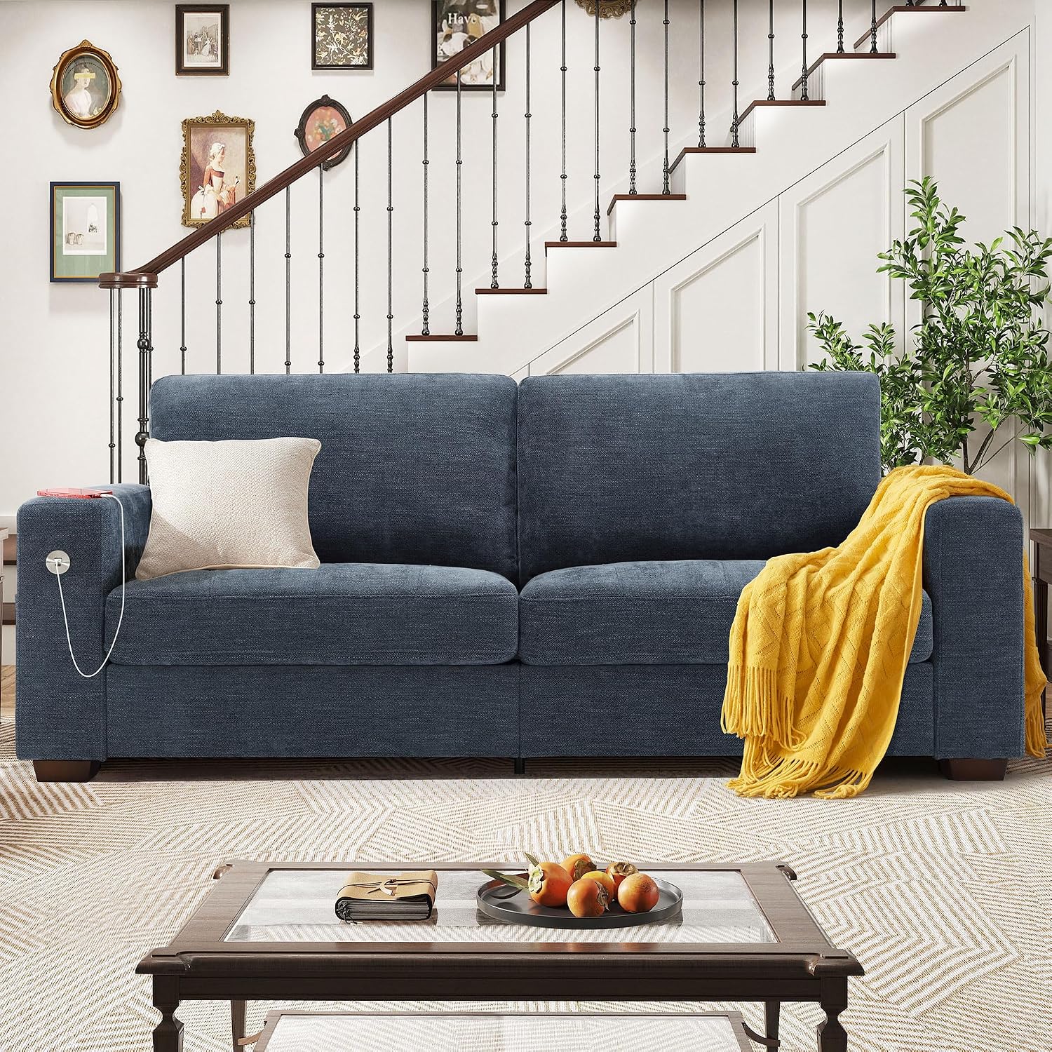 Hanherry 89' Sofa for Living Room, Modern Comfy Couch with Medium Firm Seat Cushion, Removable Cover,Wide Armrest,USB/Type-C Port,Chenille Fabric Couches for Small Space,Apartment