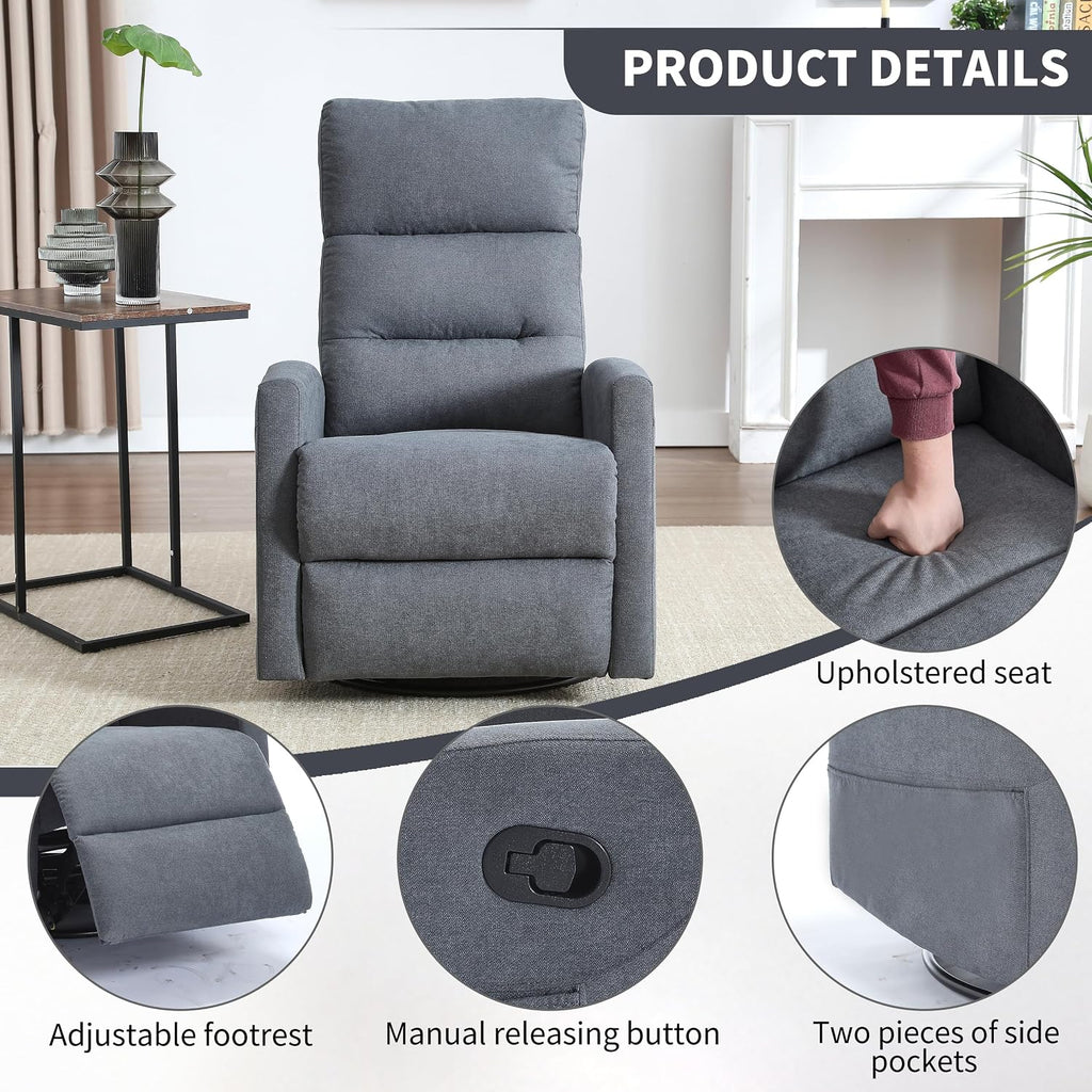 360° Swivel Rocking Chair for Nursery, Manual Glider Chair Nursing Chair with Side Pockets, Polyester Glider for Living Room, Heavy Duty Motion Mechanism, Gray
