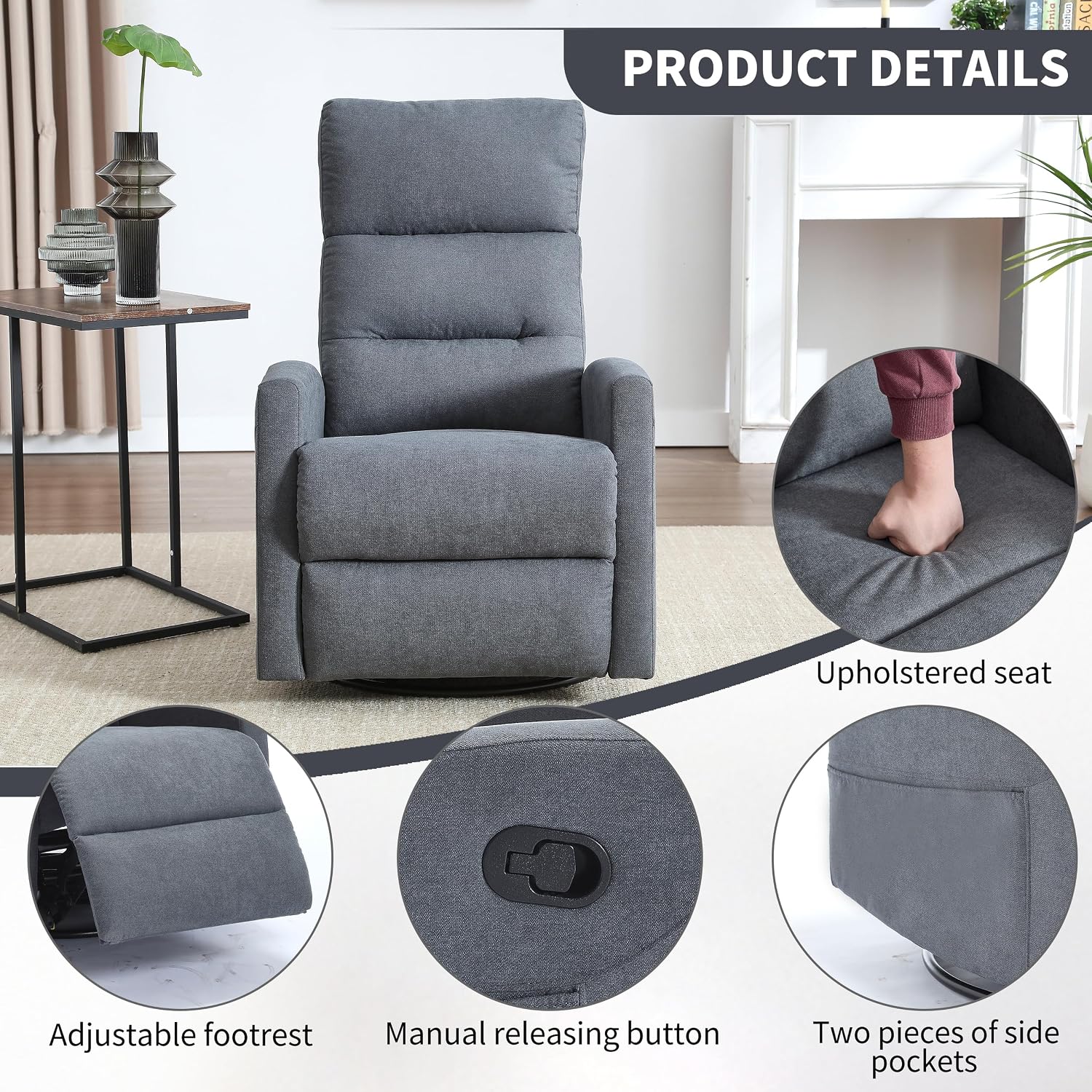 360° Swivel Rocking Chair for Nursery, Manual Glider Chair Nursing Chair with Side Pockets, Polyester Glider for Living Room, Heavy Duty Motion Mechanism, Gray