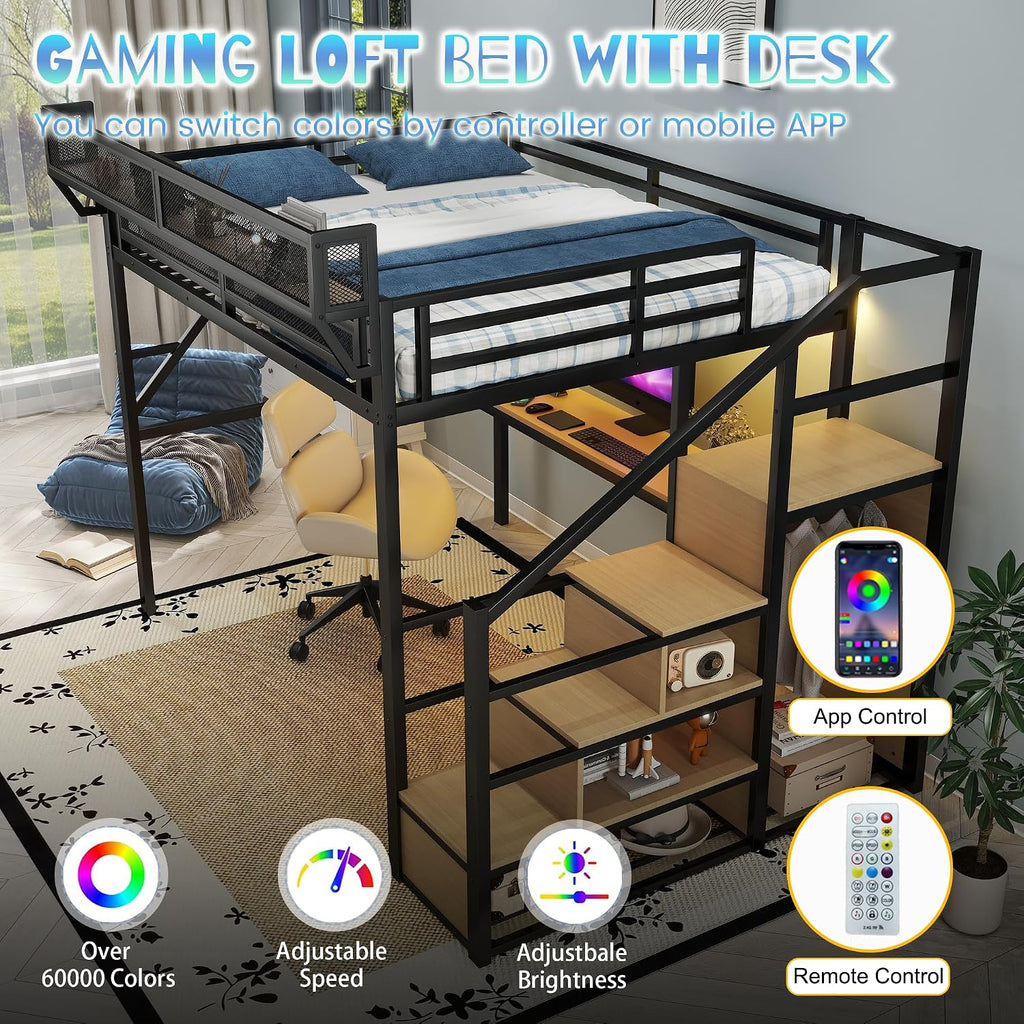 Queen Size Loft Bed with Stairs and Desk, Metal Lofts Bed Queen with Upper Storage Shelf, Gaming LoftBed with LED, Charging Station and Wardrobe for Teens, Adults,Black