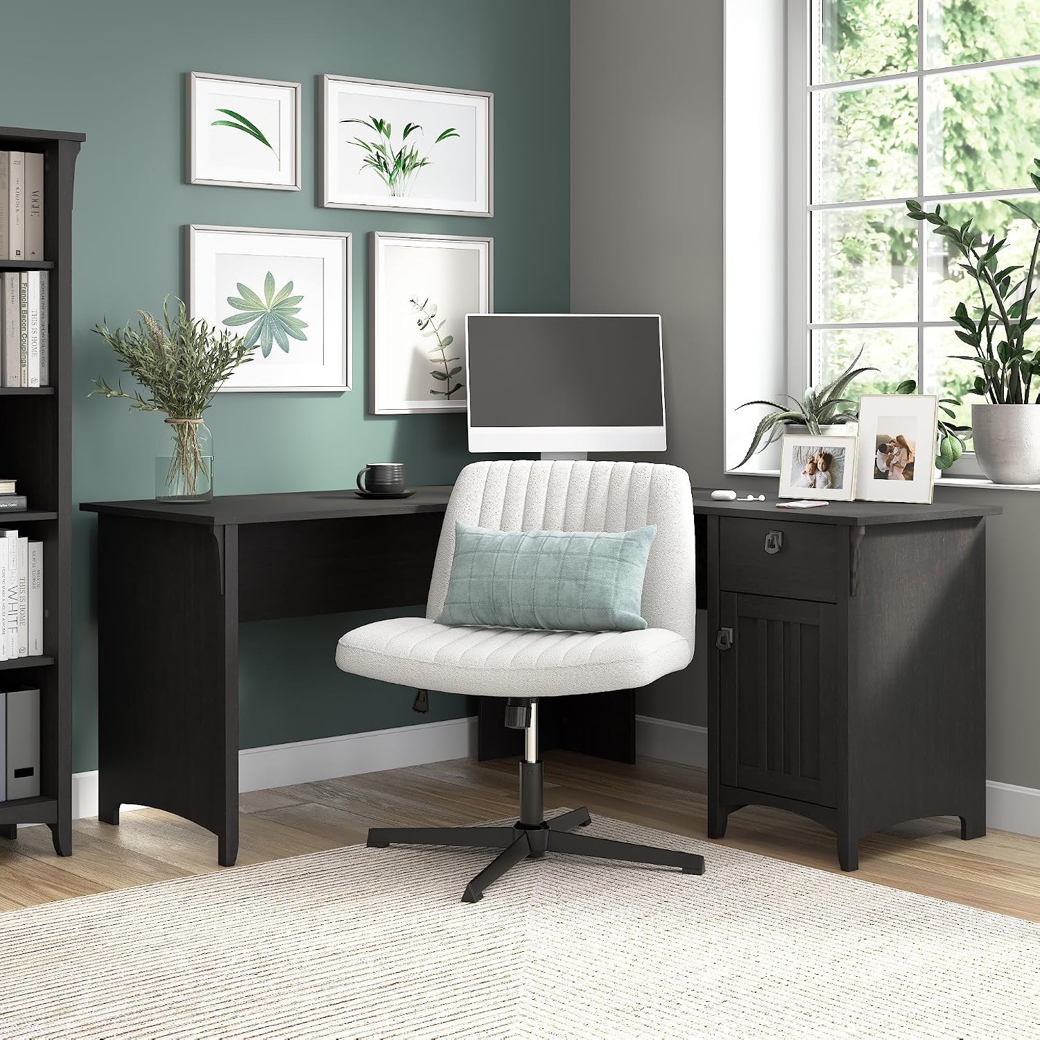 Bush Home L Shaped Desk with Storage for Home Office, Modern Farmhouse Corner Table with Drawers and Cabinets, Salinas Collection, Vintage Black