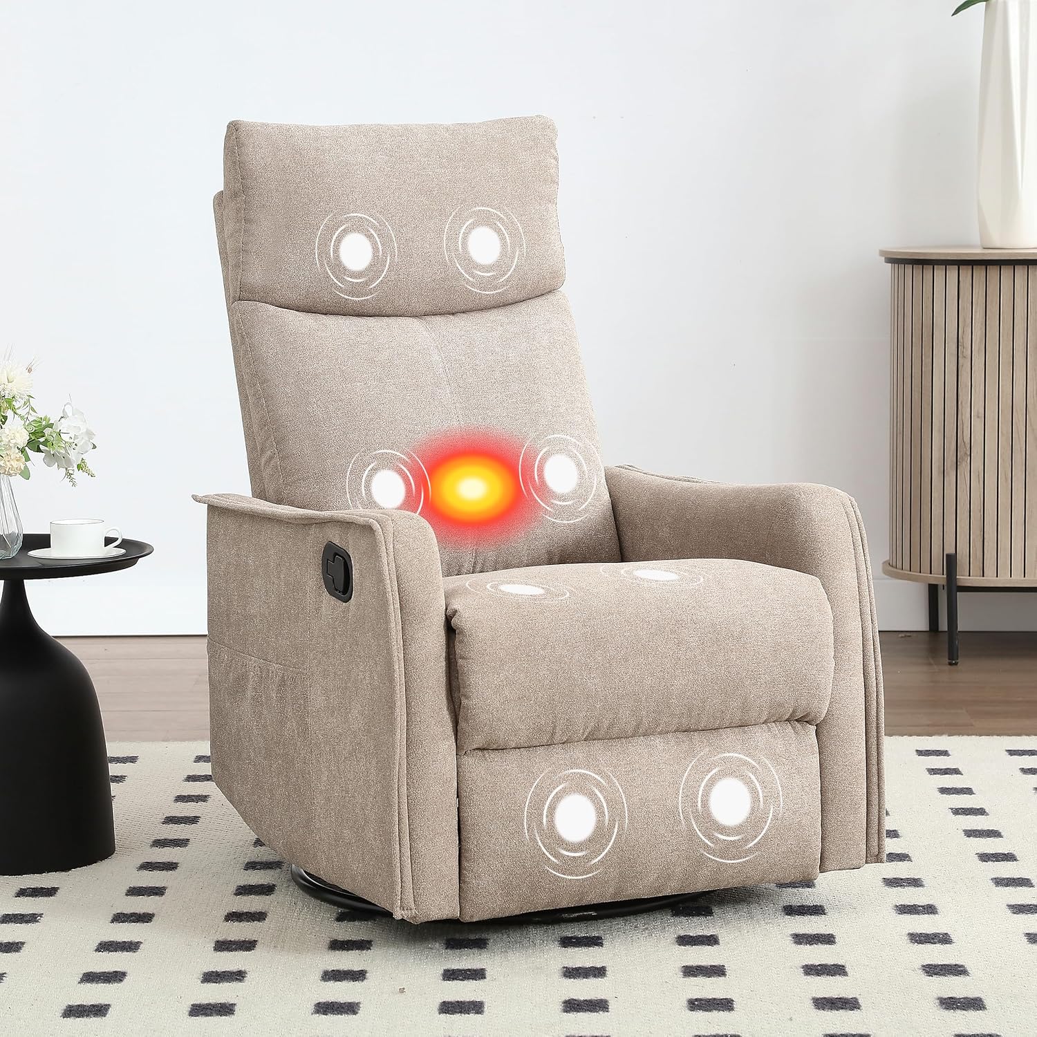Massage Rocker Swivel Recliner Chair for Adults, Manual Recliner Glider with Lumbar Heating, Technical Flannel Fabric Nursery Glider Rocking Chair with Vibration Massage for Living Room - Khaki