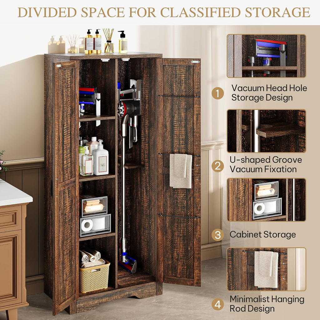 DWVO Wooden Storage Cabinet, Vacuum Cleaner Cabinet Storage Compatible with Dyson Models, Utility Cabinet Stand for Brooms and Mops, Cleaning Tool Cabinet with Doors for Garage