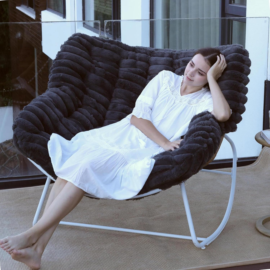 Papasan Rocking Chair, Rattan Rocking Chair, Oversized Outdoor Chair with Deep Seat Thick Cushion, Patio Rocking Chair for Bedroom/Porch/Garden (Deep Grey & White)