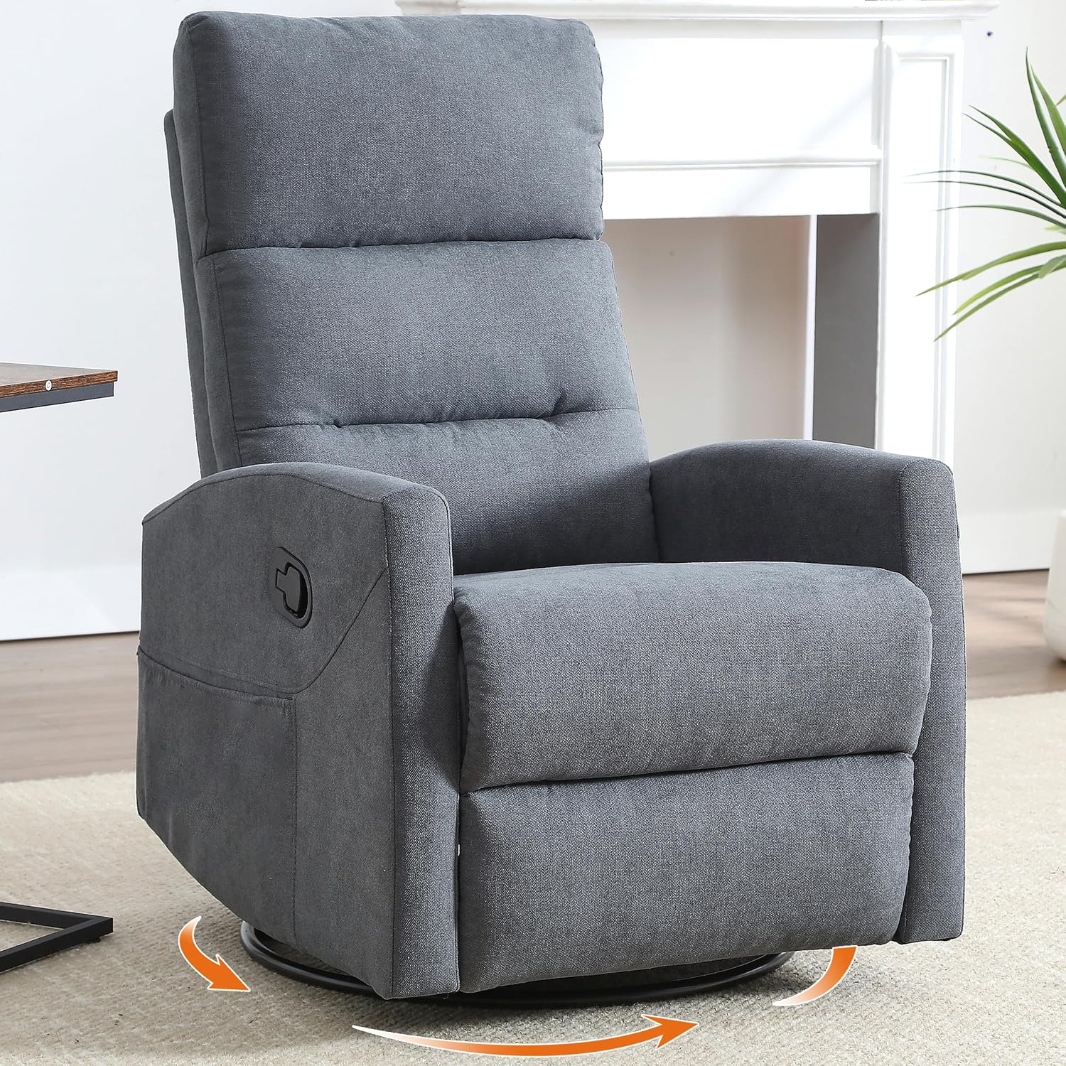 360° Swivel Rocking Chair for Nursery, Manual Glider Chair Nursing Chair with Side Pockets, Polyester Glider for Living Room, Heavy Duty Motion Mechanism, Gray