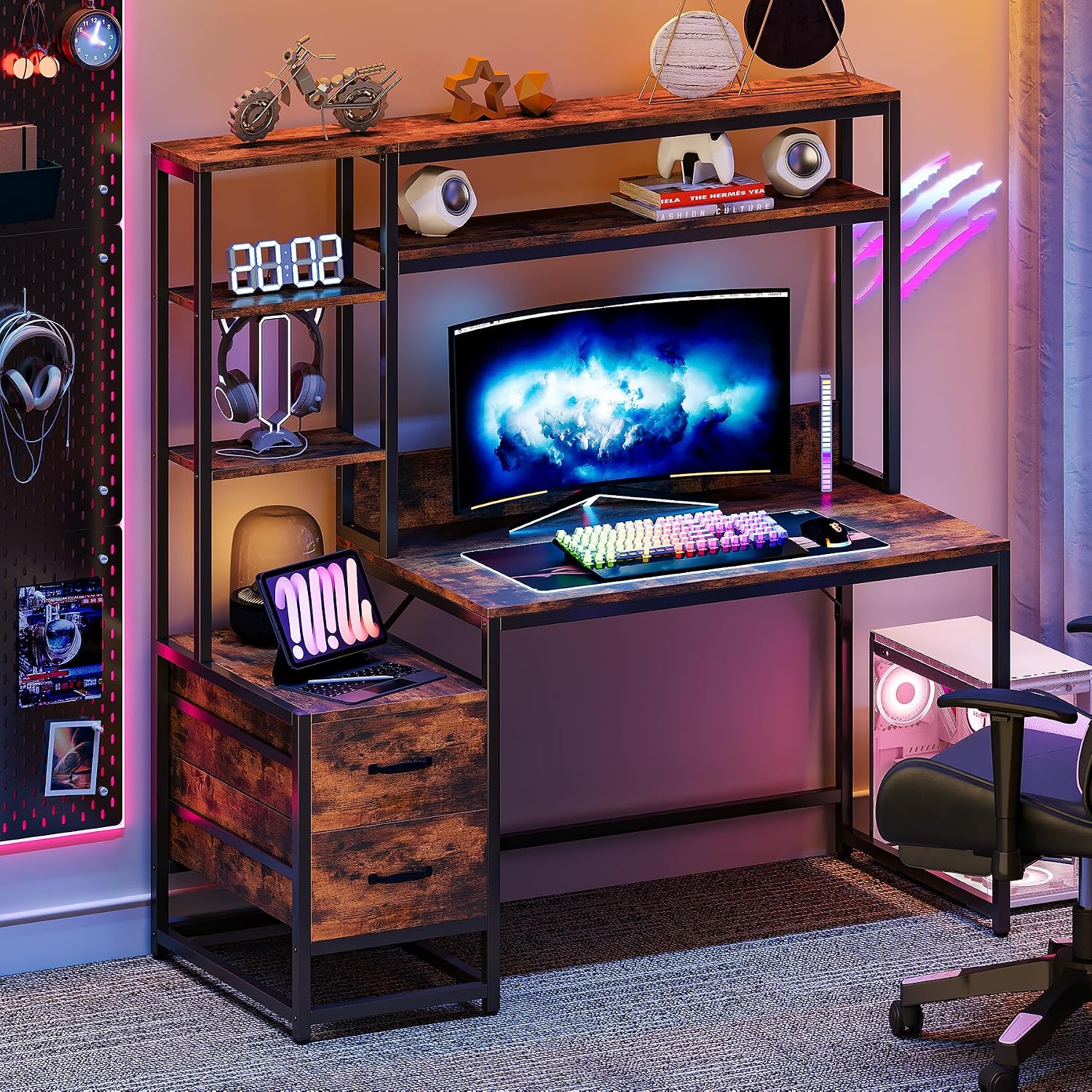 LITTLE TREE Computer Desk with Drawers and Hutch, 55' Gaming Desk with Storage Shelves, Modern Wooden Study Writing Desk for Bedroom Home Office, Brown