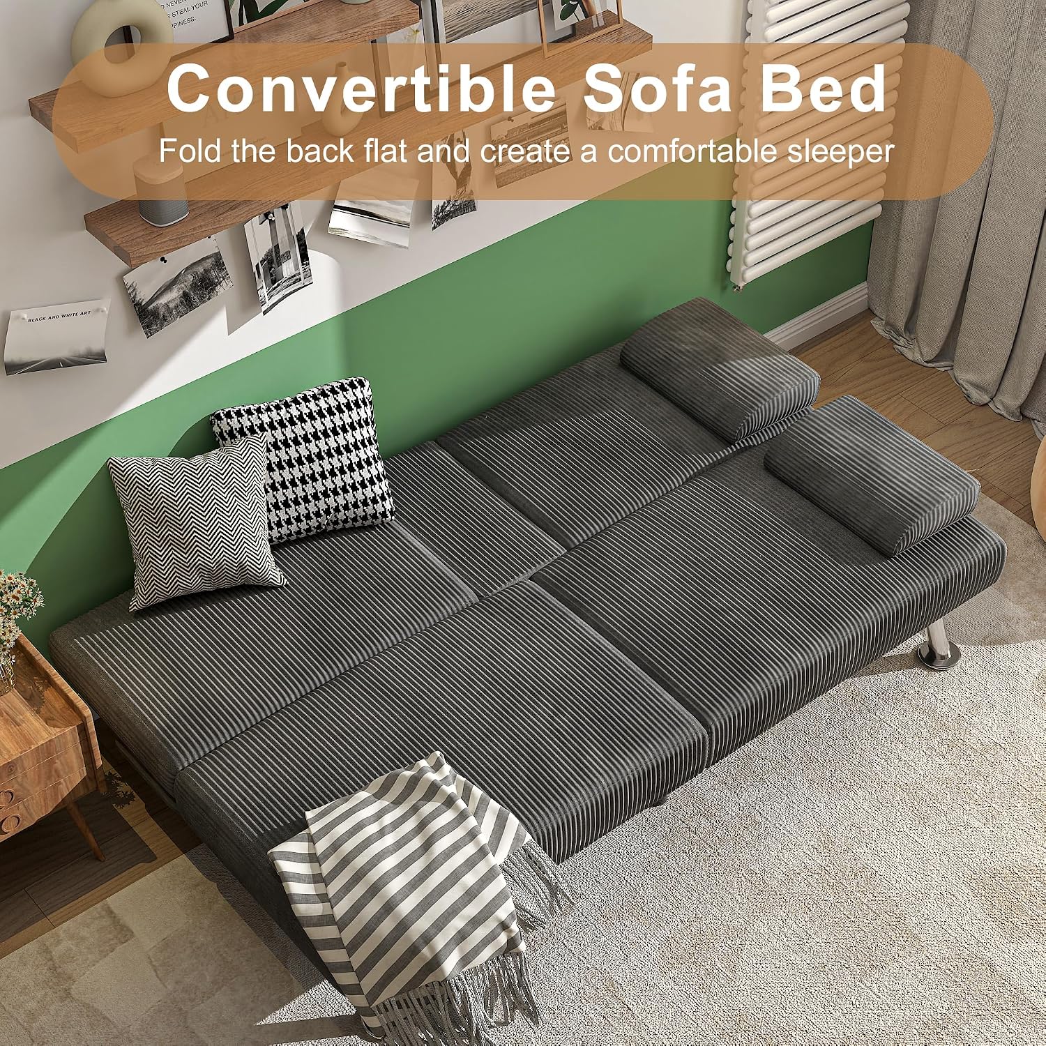Shahoo Modern Upholstered Convertible Folding Futon Sofa Bed with Removable Armrests, Metal Legs, 2 Cup Holders for Living Room, Grey