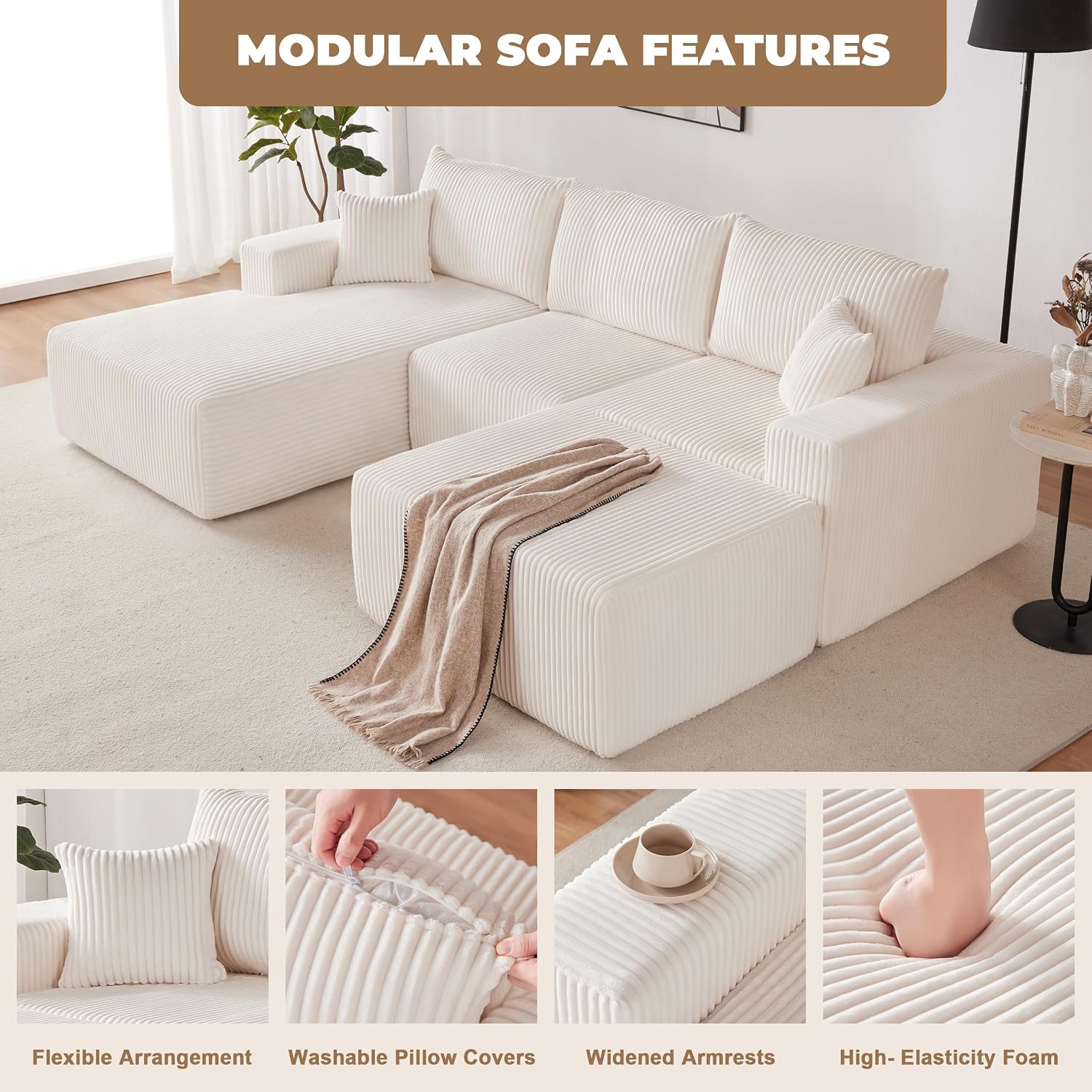 Weture 108' Modular Sectional Couches, Modern Modular U-Shape Sofa with Chaise, Cloud Sectional Couch with Deep Seat, Upholstered Boneless Sofa for Living Room (Corduroy, Beige)