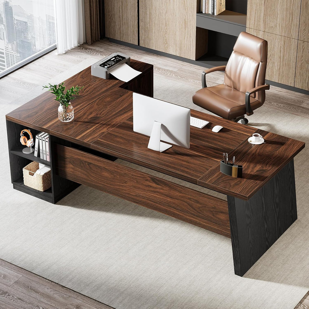 Tribesigns 78' L Shaped Executive Desk, Large Office Desk with Drawers and Storage Shelves, Modern Corner Computer Table Business Furniture for Home Office (Walnut & Brown)