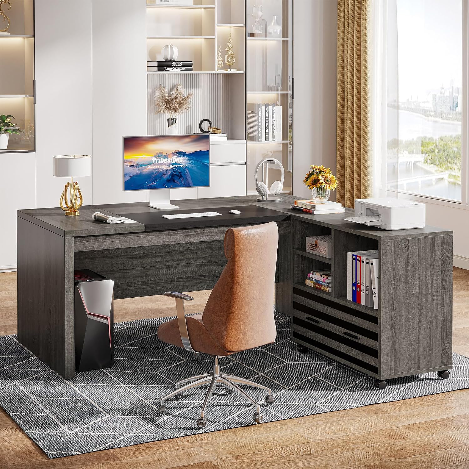 Tribesigns 62.2' Executive Desk with Mobile File Cabinet, L-Shaped Office Desk with Storage Shelves, Large Computer Table Business Workstation Set for Home Office, Grey