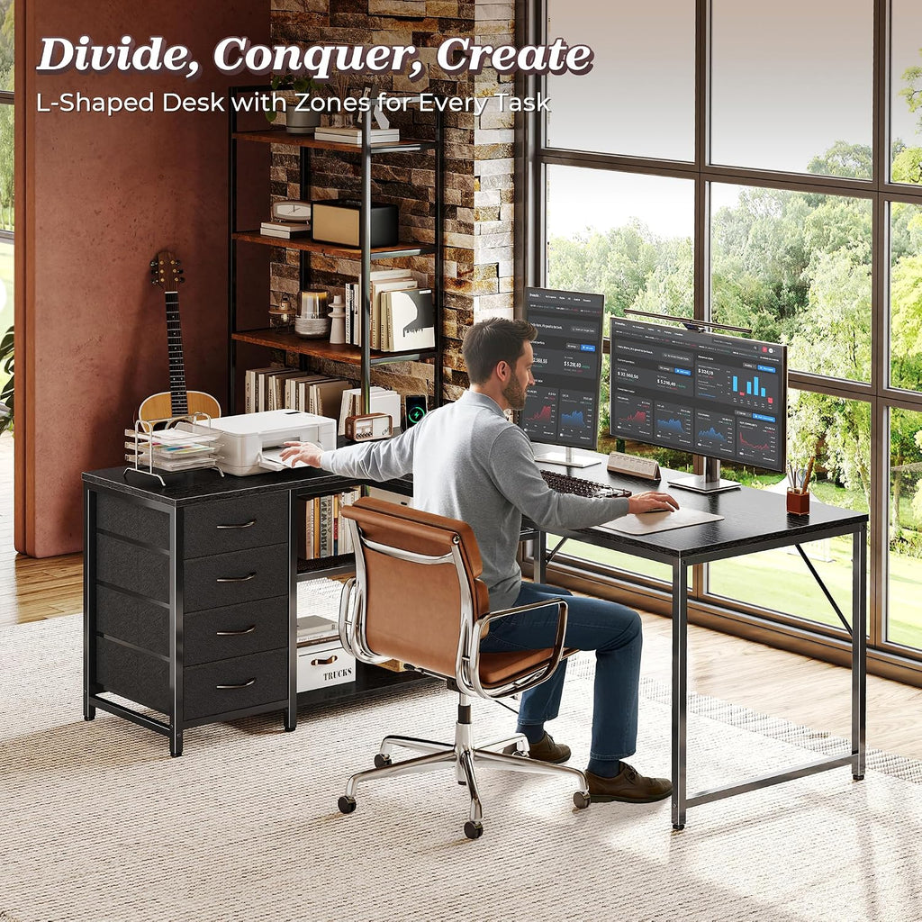 PRAISUN 53' L Shaped Desk with Power Outlets and USB-C Port, Reversible Computer Corner Office Desk with 4 Fabric Drawers and 2 Height-Adjustable Shelves, Large for Gaming Writing Work Study, Black