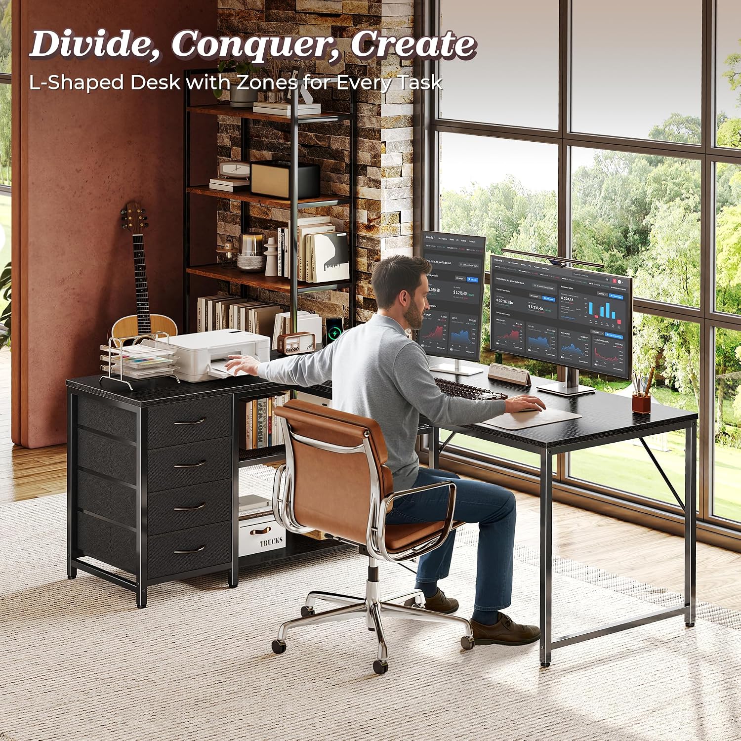 PRAISUN 53' L Shaped Desk with Power Outlets and USB-C Port, Reversible Computer Corner Office Desk with 4 Fabric Drawers and 2 Height-Adjustable Shelves, Large for Gaming Writing Work Study, Black