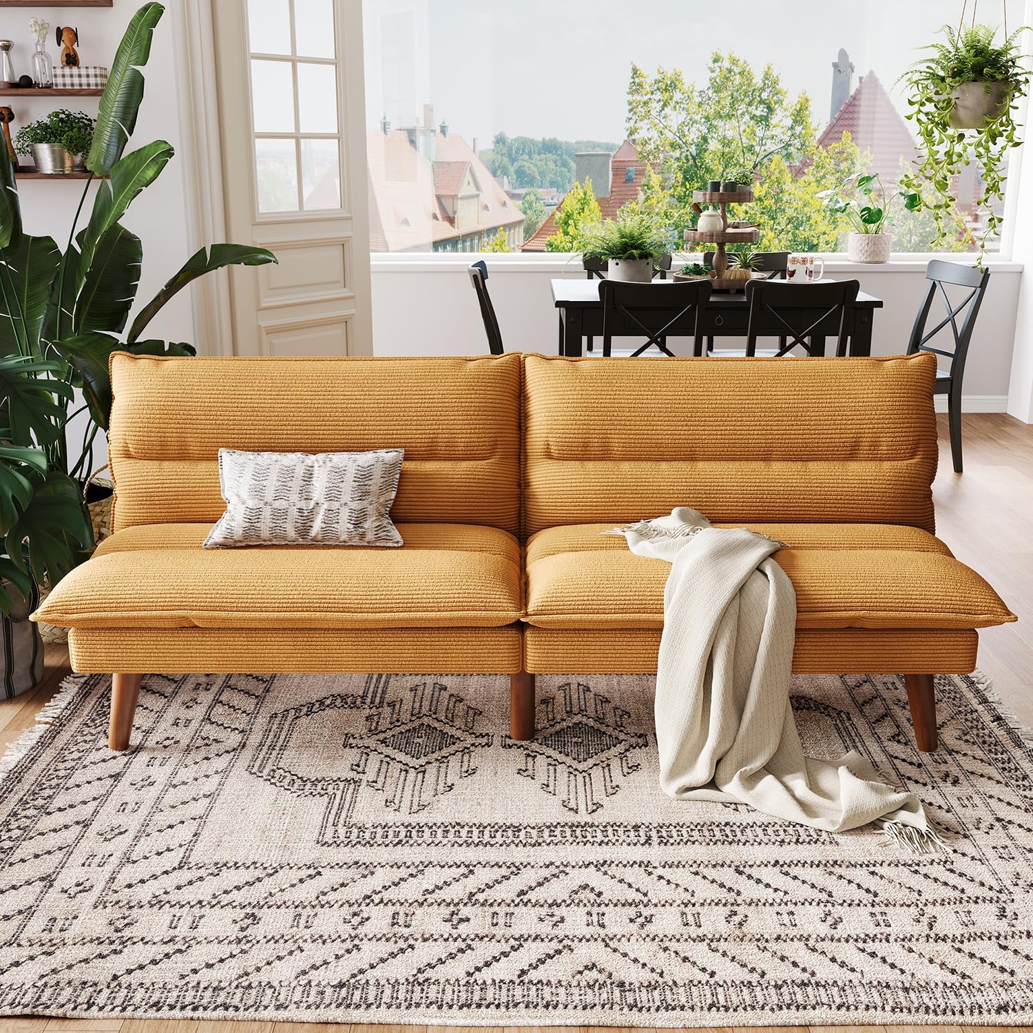 LINSY HOME Futon Sofa Bed - Convertible Corduroy Futon Couch Bed with Adjustable Backrest, Modern Small Loveseat Sleeper Sofa for Small Spaces, Living Room, Apartment or Office (Yellow)