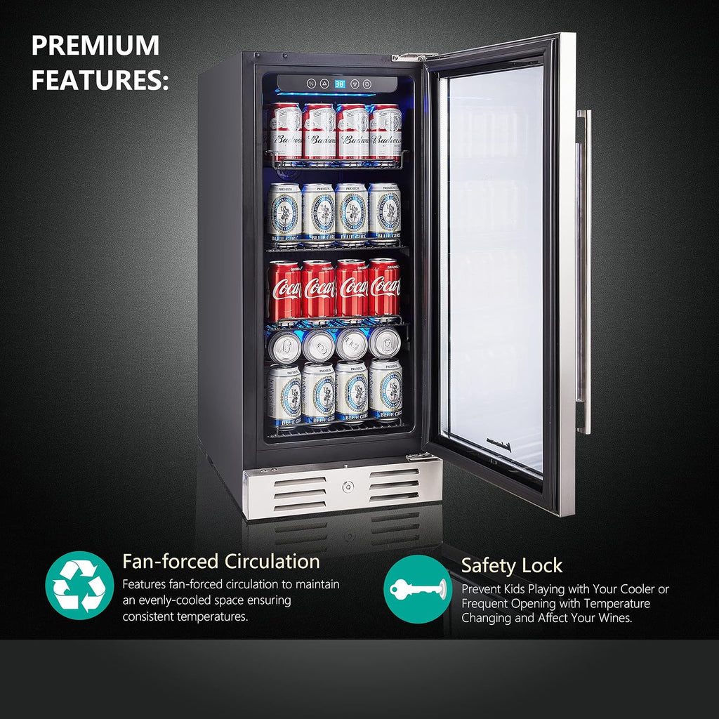 15 Inch Beverage Cooler and Kalamera Refrigerator Under Counter Built-in or Freestanding - 96 Cans Capacity Mini Fridge- for Soda, Water, Beer or Wine - For Kitchen or Bar with Blue Interior Light