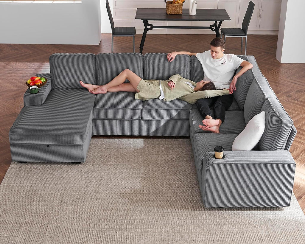 AMERLIFE 112 Inch U Shaped Couch, Oversized Couch with Storage Chaise & Cup Holders, Sectional Sofa with USB & Type-C Charging Ports, Corduroy Grey