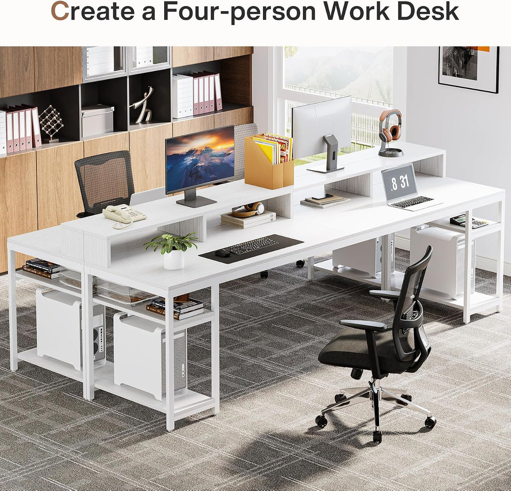 Tribesigns 78.74 Inches Extra Long Two-Person Desk, Double Computer Desk with Monitor Stand and Storage Shelves, Study Work Table for Home Office (White)