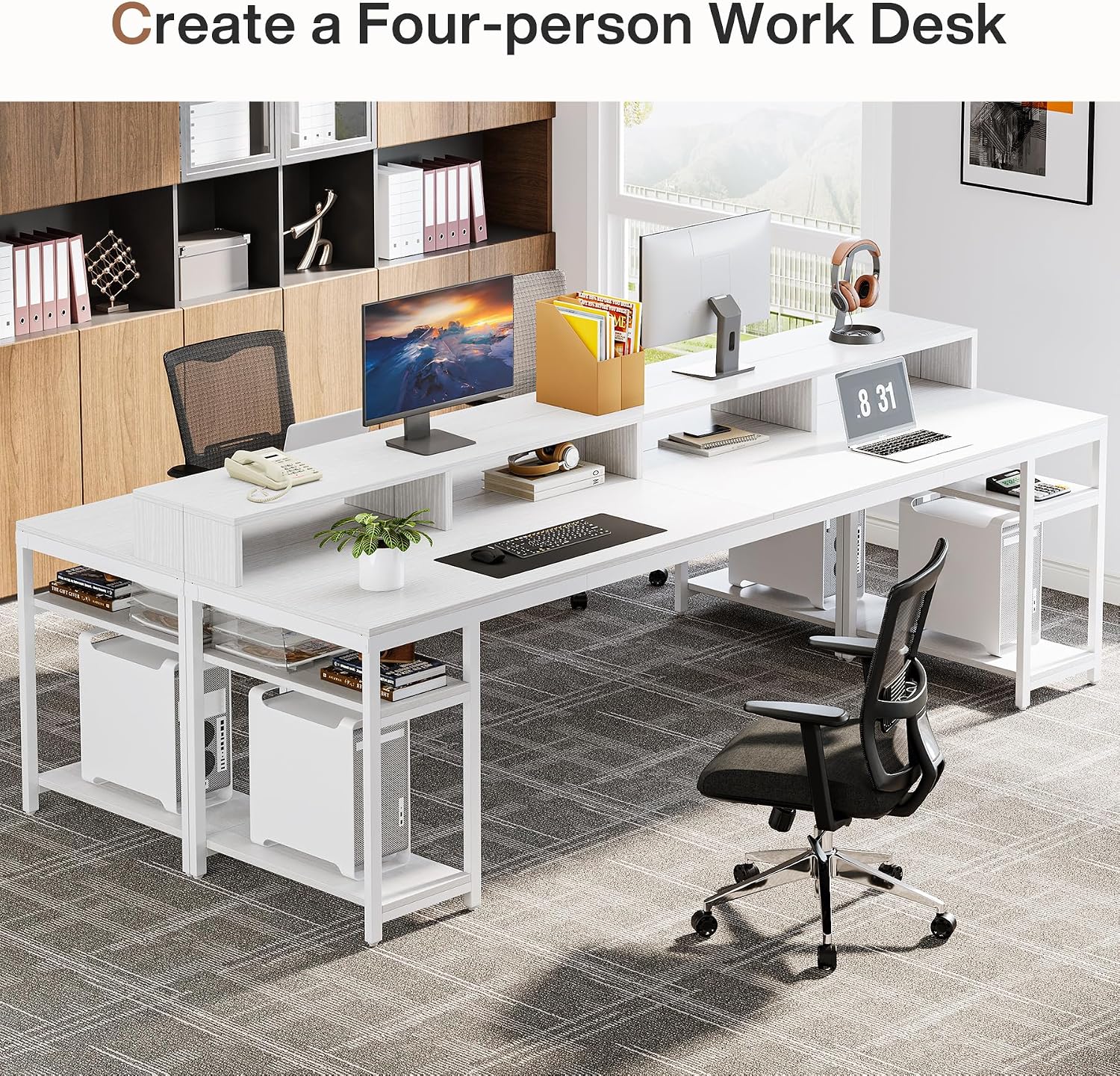 Tribesigns 78.74 Inches Extra Long Two-Person Desk, Double Computer Desk with Monitor Stand and Storage Shelves, Study Work Table for Home Office (White)