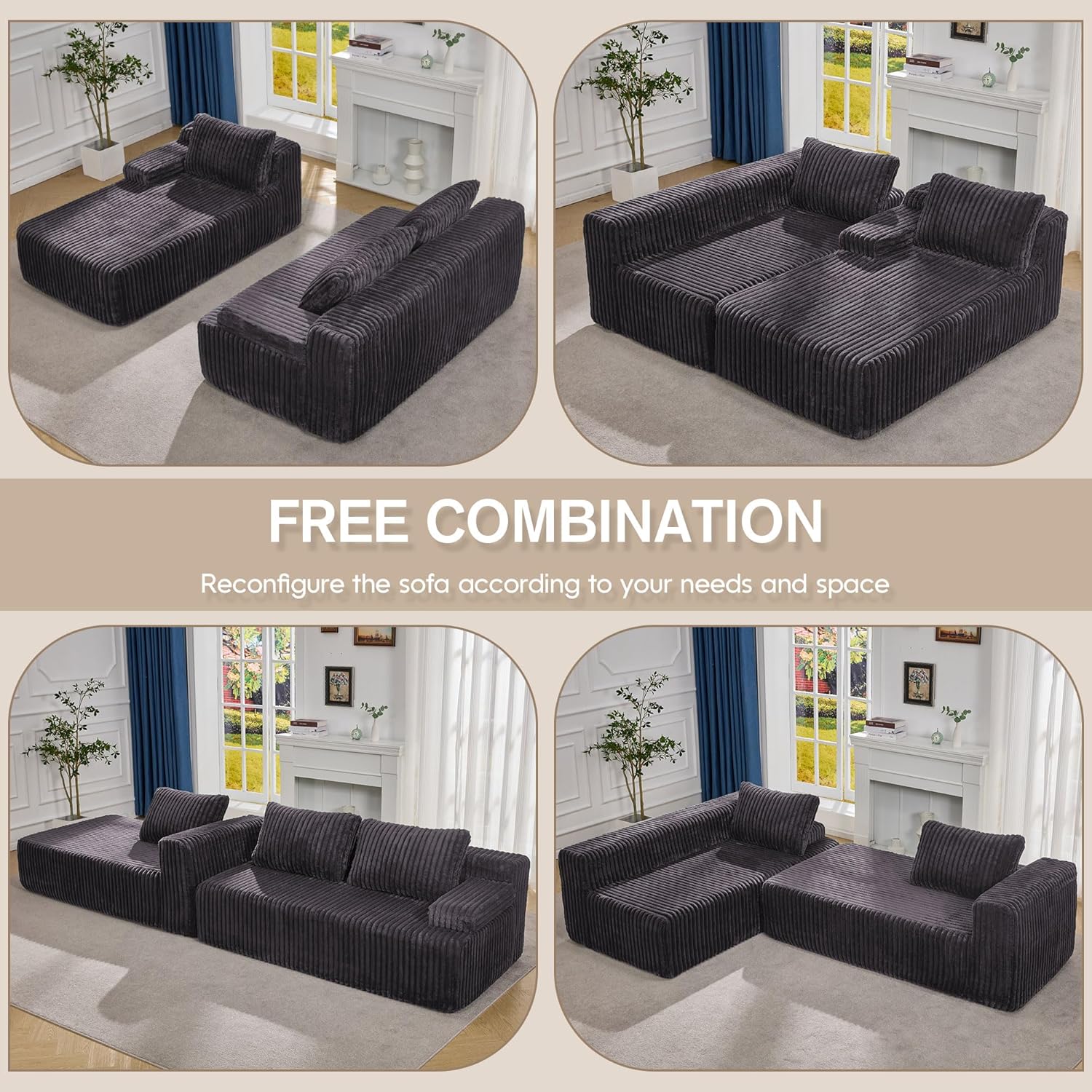 Hobestluk Modular Sectional Sofa Couches L-Shape Couch 3 Seat Modular Sofa Memory Foam Sectional Couches for Living Room, Cloud Couch with Oversized Chaise (108' Left Facing Chaise)