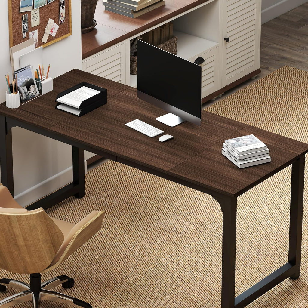 NSdirect Large Office Desk for Home Office, Large 63' Computer Desk Table, Wide Writing Study Desk for 2 Person, Metal Sturdy Frame Thicker Steel Legs, Black Chocolate
