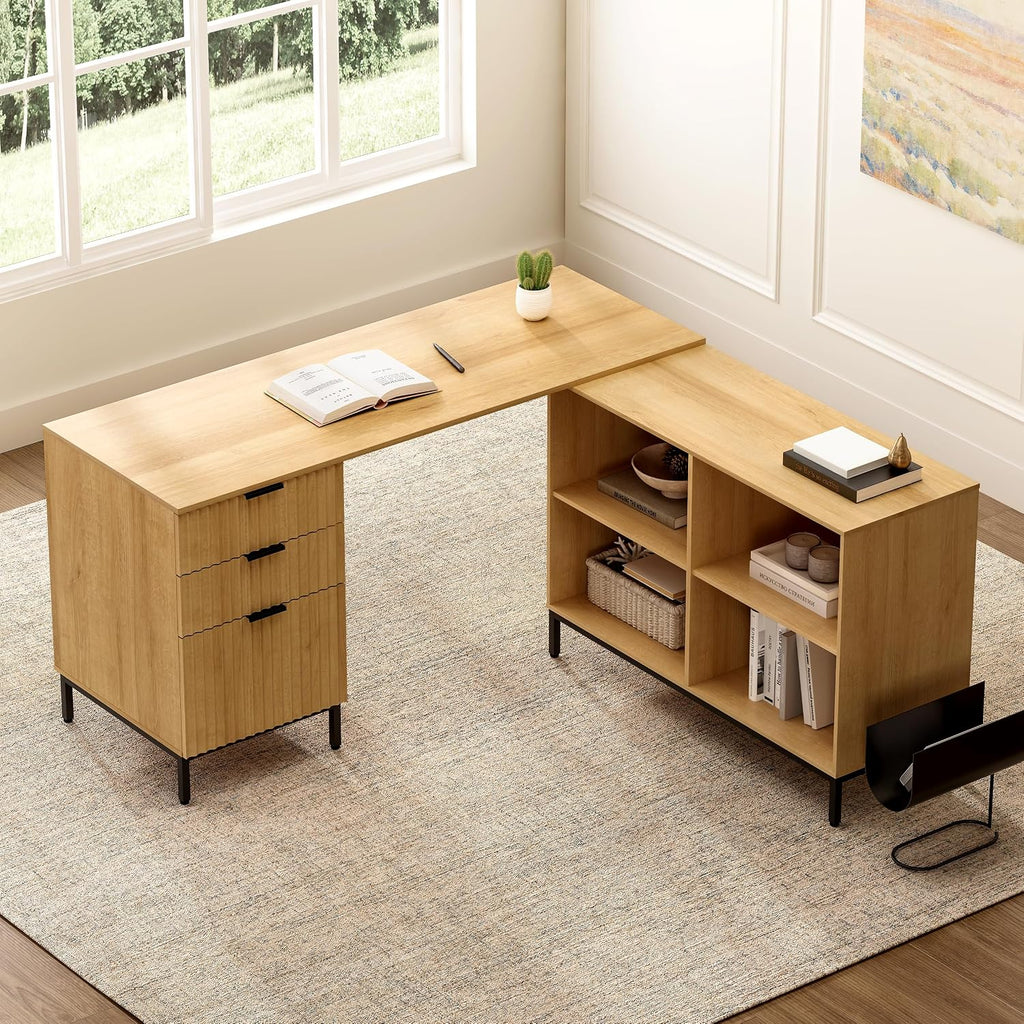 60' L Shaped Fluted Desk, Computer Desk with Movable Storage Cabinet Home Office Desk with 3 Drawers Metal Legs Corner Desk for Gaming Study, Natural Oak